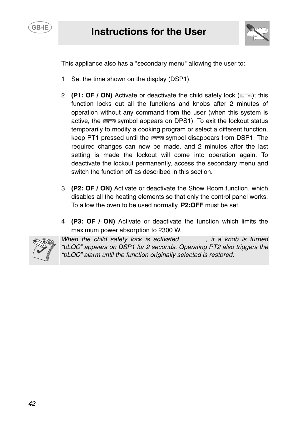 6 secondary menu, 1 set the time shown on the display (dsp1), Instructions for the user | Smeg SCP108SG User Manual | Page 12 / 28