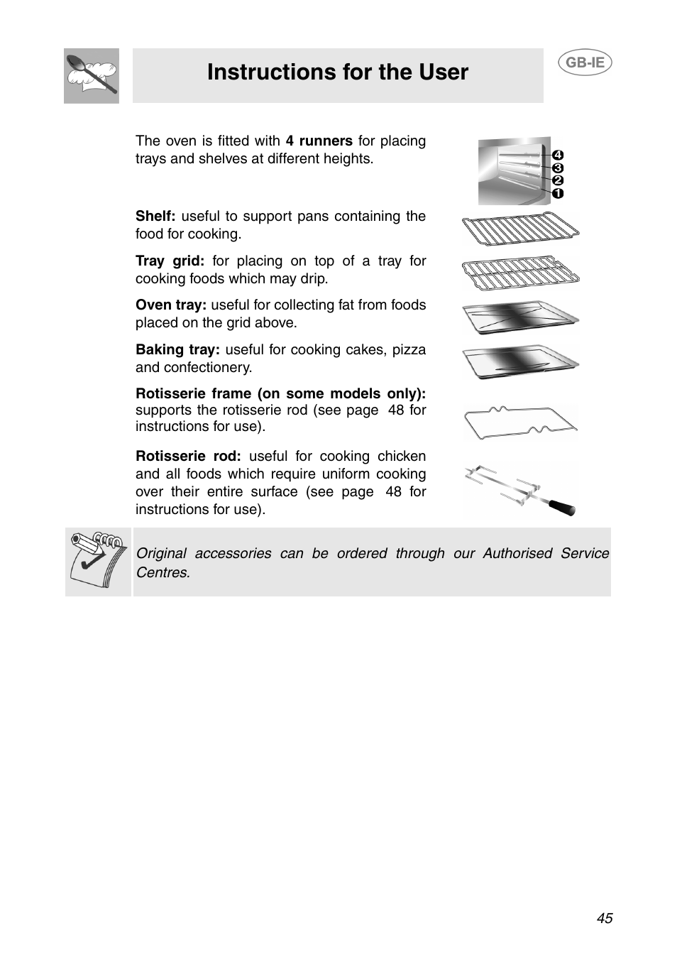 Accessories available, Instructions for the user | Smeg SCP108SG User Manual | Page 15 / 28