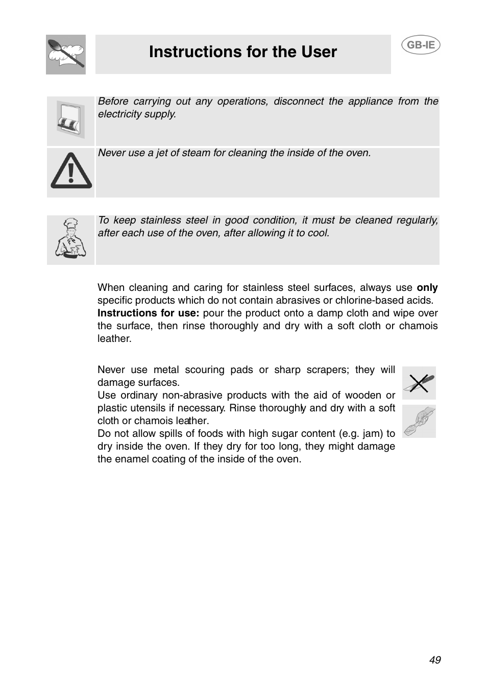 Cleaning and maintenance, 1 cleaning stainless steel, 2 routine daily cleaning | 3 food stains or spills, Instructions for the user | Smeg SCP108SG User Manual | Page 19 / 28