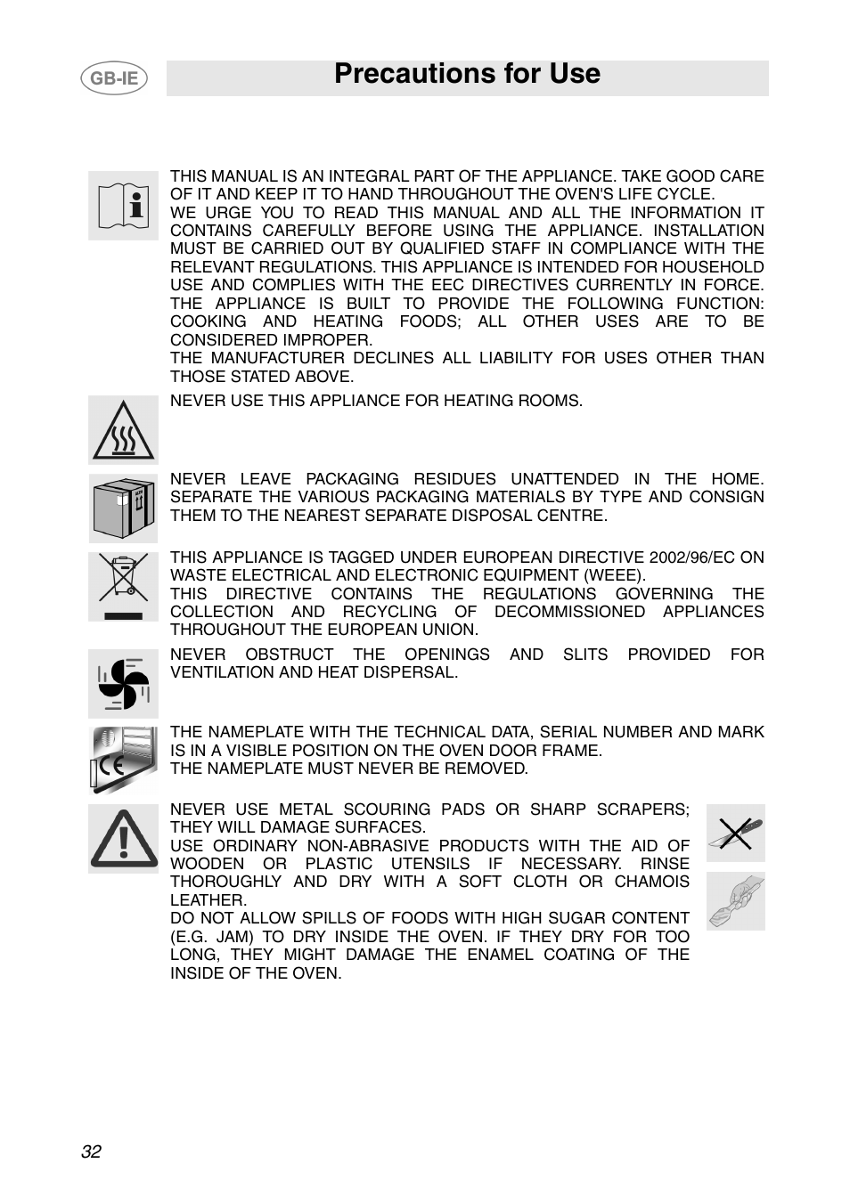 Precautions for use | Smeg SCP108SG User Manual | Page 2 / 28