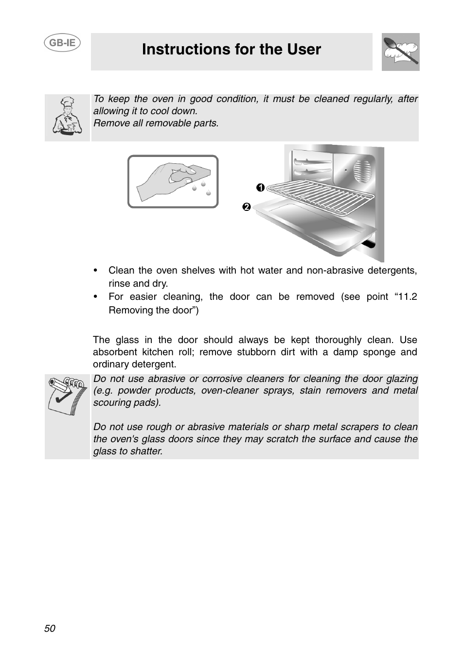 4 cleaning the oven, 5 cleaning the door glazing, Instructions for the user | Smeg SCP108SG User Manual | Page 20 / 28