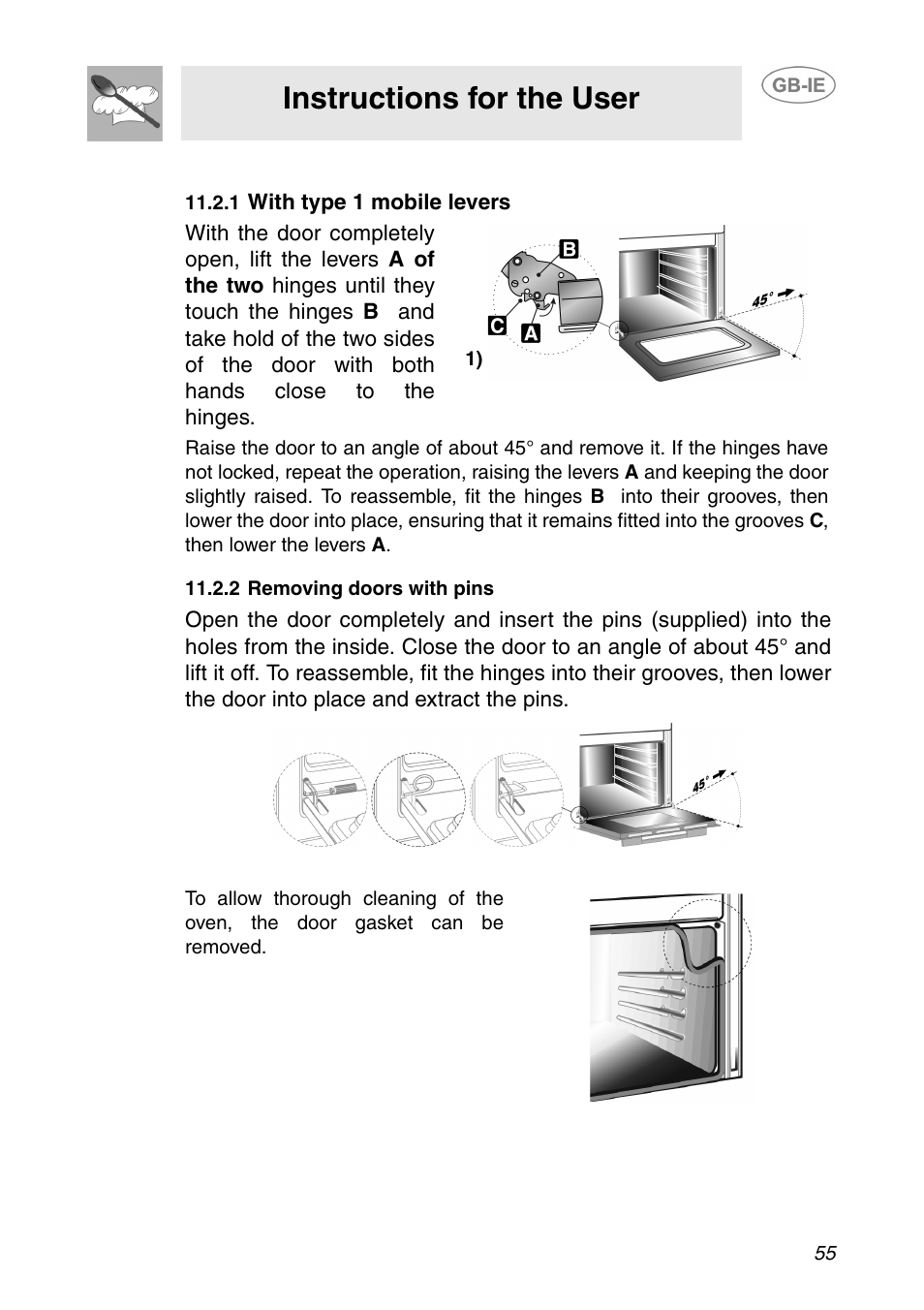 2 removing the door, 1 with type 1 mobile levers, 2 removing doors with pins | 3 removing the gasket, Instructions for the user | Smeg SCP108SG User Manual | Page 25 / 28