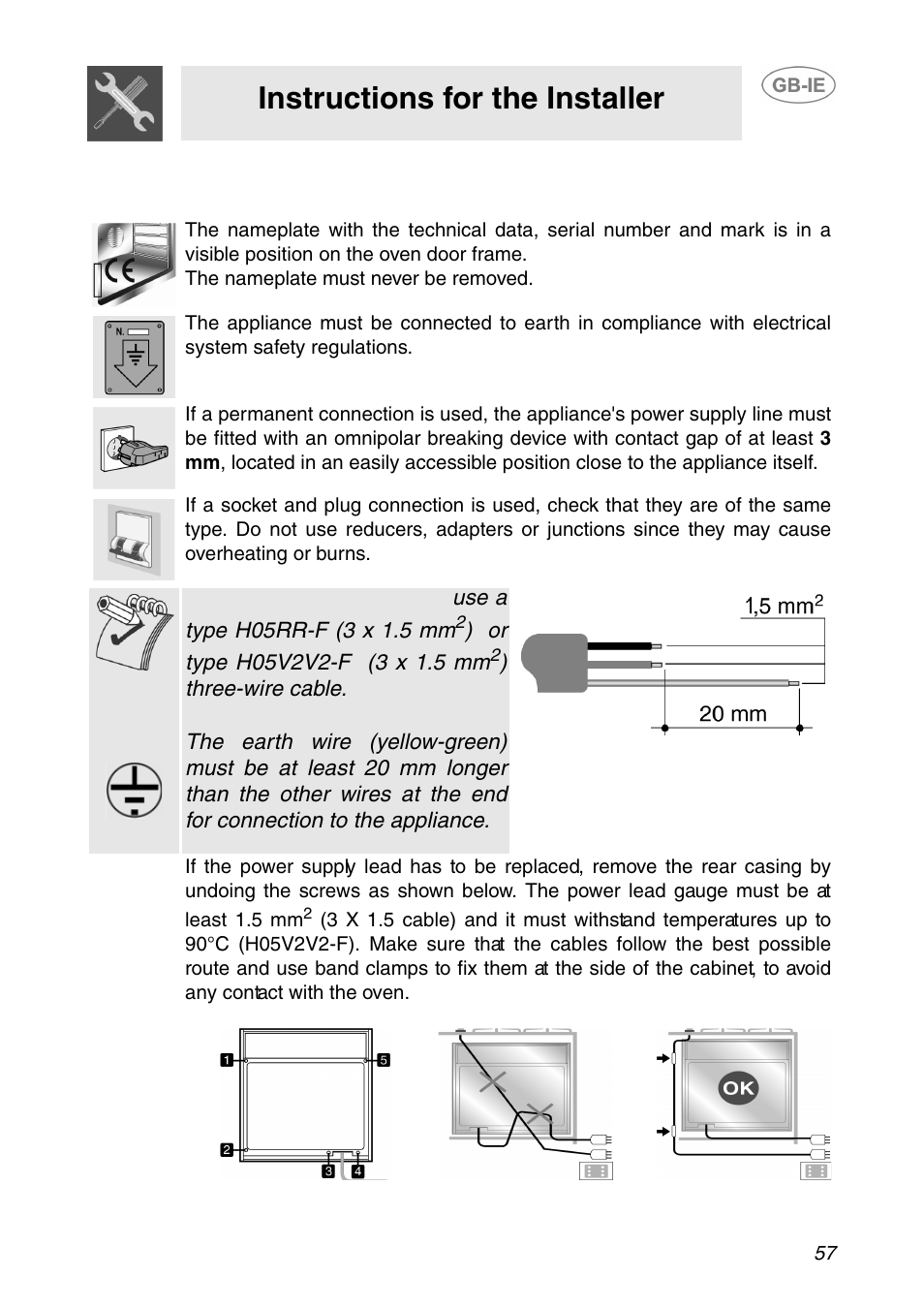 Installing the appliance, 1 electrical connection, Instructions for the installer | Smeg SCP108SG User Manual | Page 27 / 28