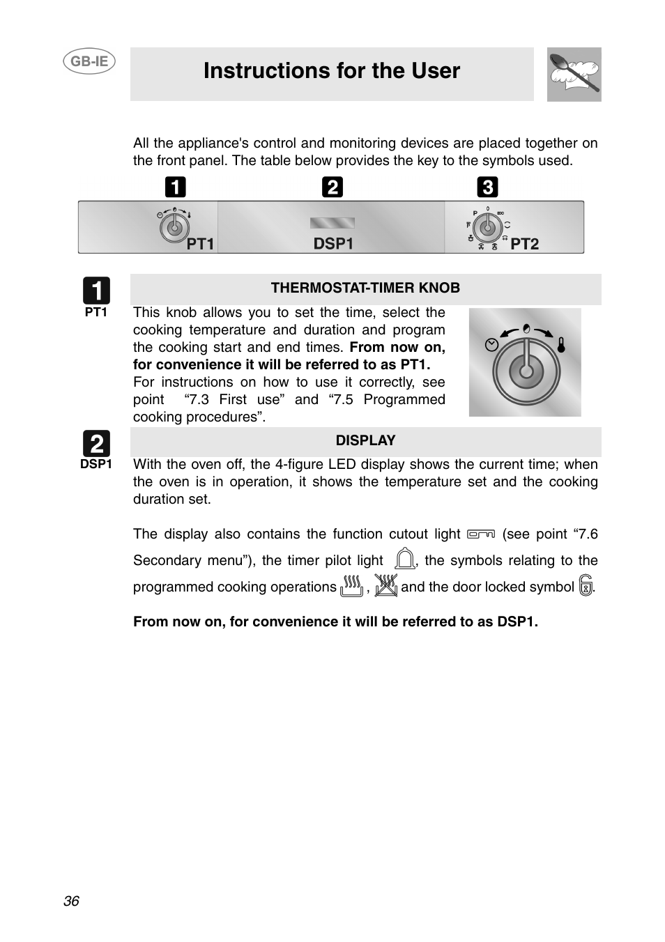 Description of front panel controls, Instructions for the user | Smeg SCP108SG User Manual | Page 6 / 28
