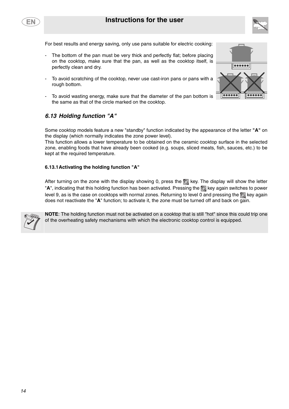 13 holding function "a, 1 activating the holding function "a, Instructions for the user | Smeg S2772TCU User Manual | Page 12 / 13