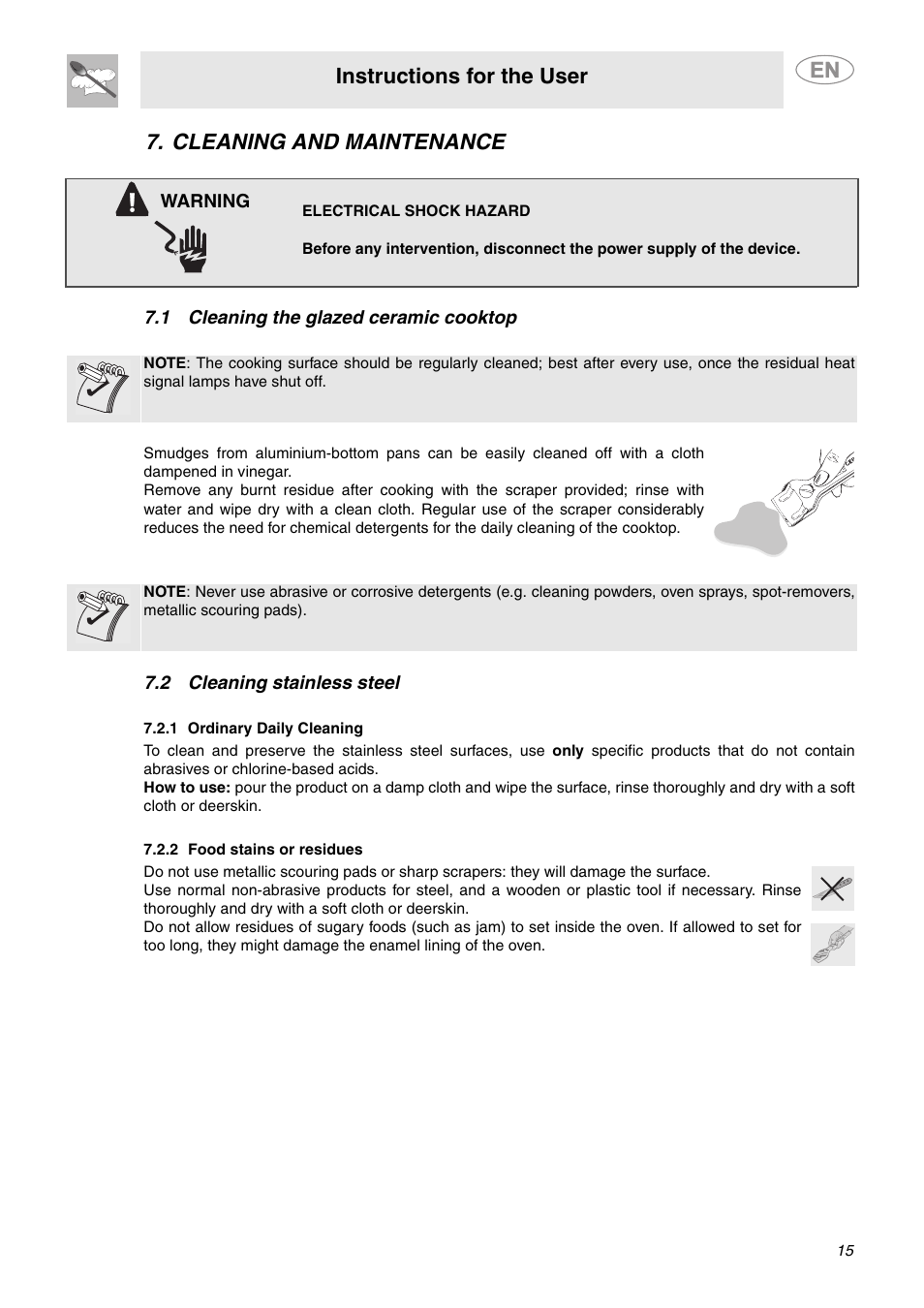 Cleaning and maintenance, 1 cleaning the glazed ceramic cooktop, 2 cleaning stainless steel | 1 ordinary daily cleaning, 2 food stains or residues, Instructions for the user | Smeg S2772TCU User Manual | Page 13 / 13