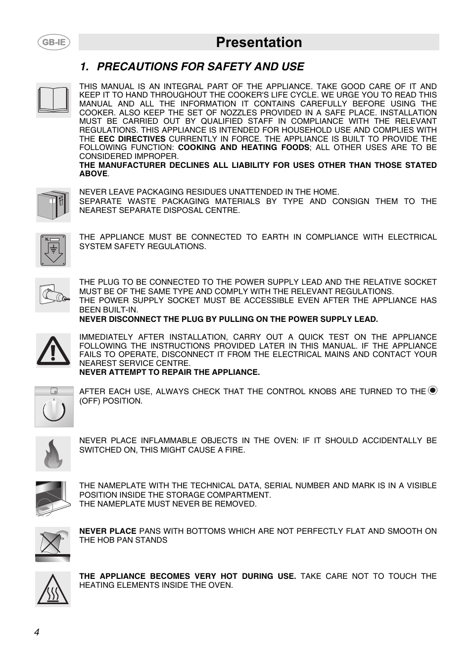 Precautions for safety and use, Presentation | Smeg CB66CES User Manual | Page 2 / 13
