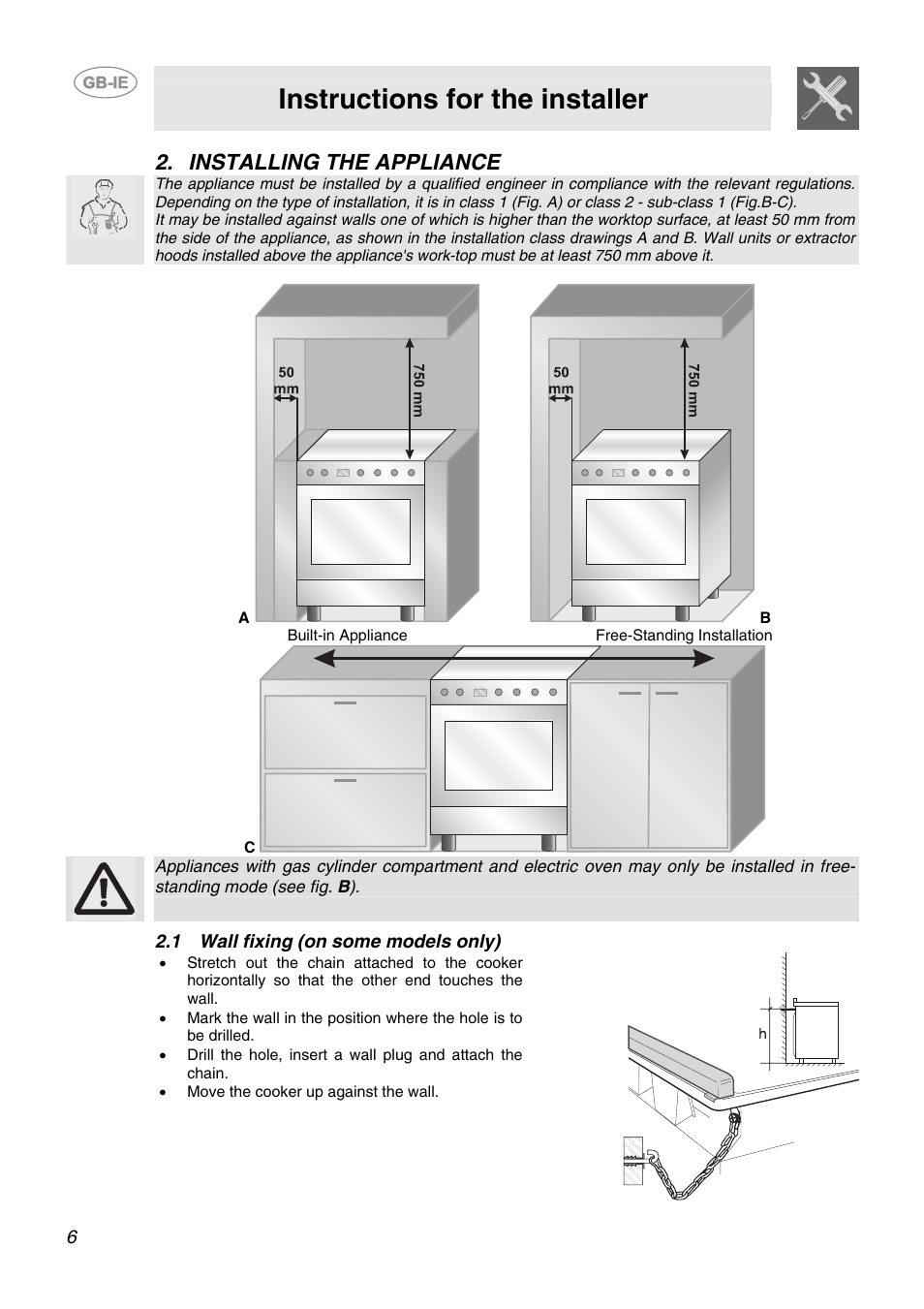 Installing the appliance, 1 wall fixing (on some models only), Instructions for the installer | Smeg CB66CES User Manual | Page 4 / 13