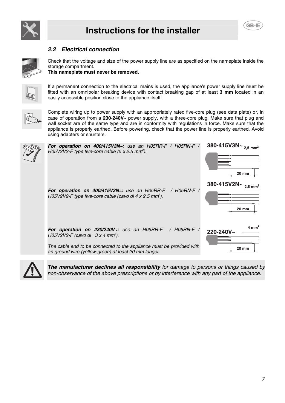 2 electrical connection, Instructions for the installer | Smeg CB66CES User Manual | Page 5 / 13