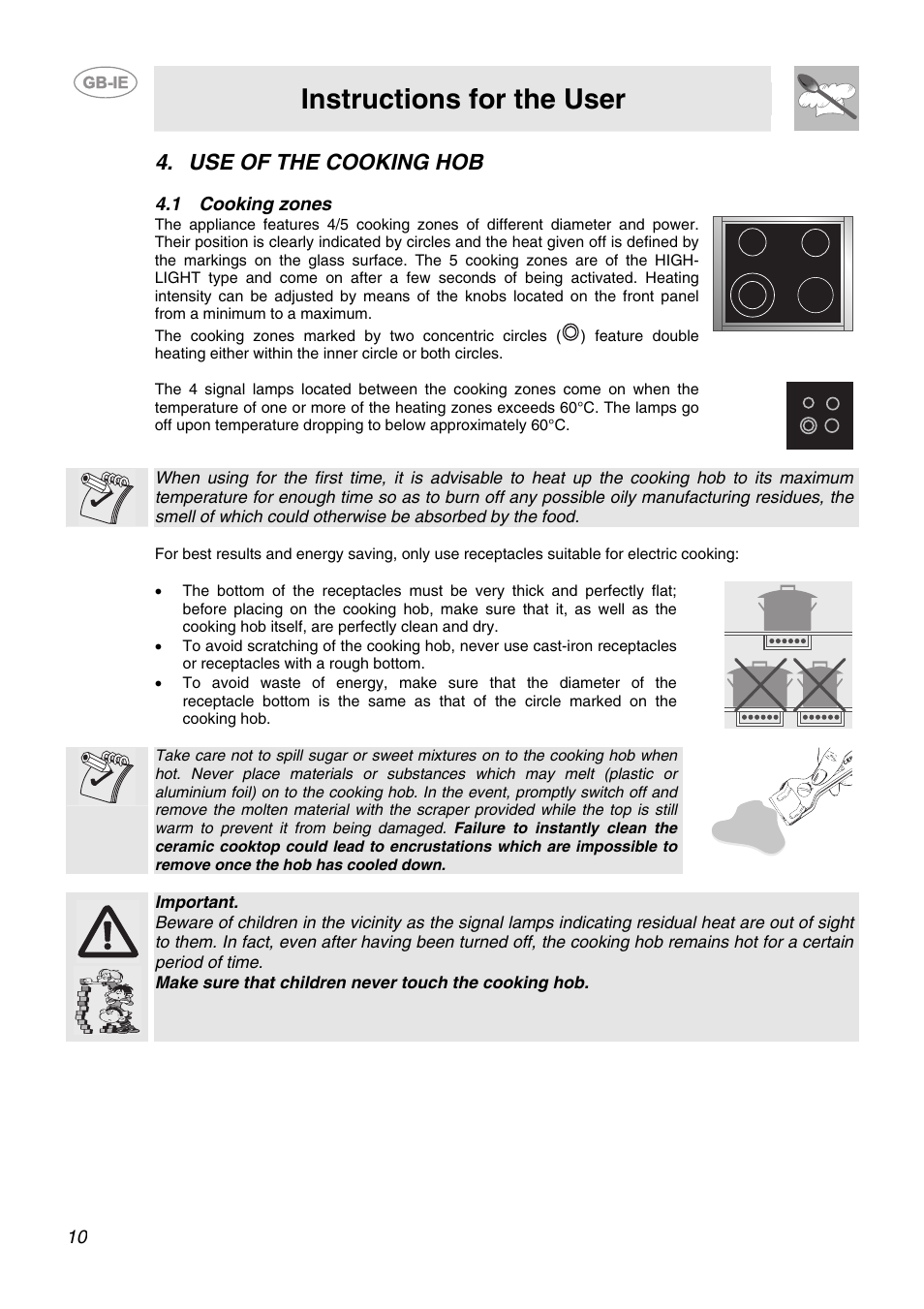Use of the cooking hob, 1 cooking zones, Instructions for the user | Smeg CB66CES User Manual | Page 8 / 13