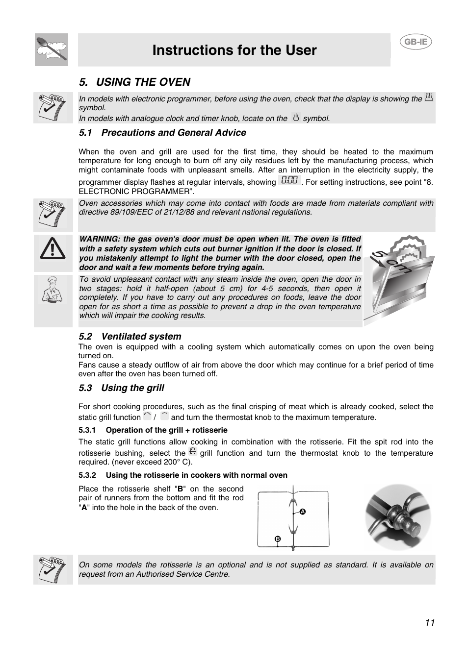 Using the oven, 1 precautions and general advice, 2 ventilated system | 3 using the grill, 1 operation of the grill + rotisserie, 2 using the rotisserie in cookers with normal oven, Instructions for the user | Smeg CB66CES User Manual | Page 9 / 13