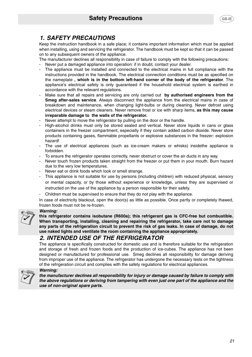 Safety precautions, Intended use of the refrigerator | Smeg FAB28LO User Manual | Page 3 / 16