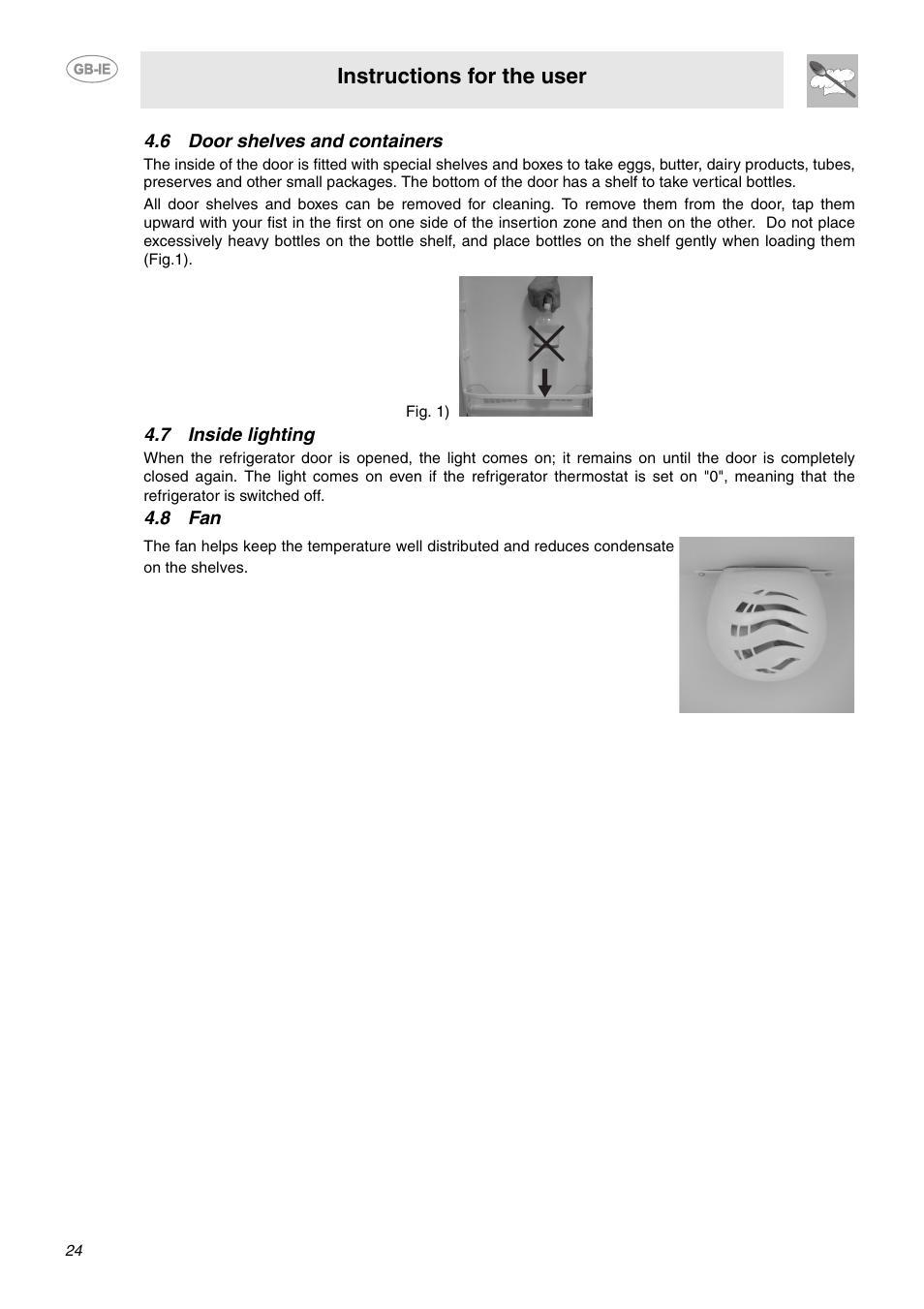 6 door shelves and containers, 7 inside lighting, 8 fan | Instructions for the user | Smeg FAB28LO User Manual | Page 6 / 16