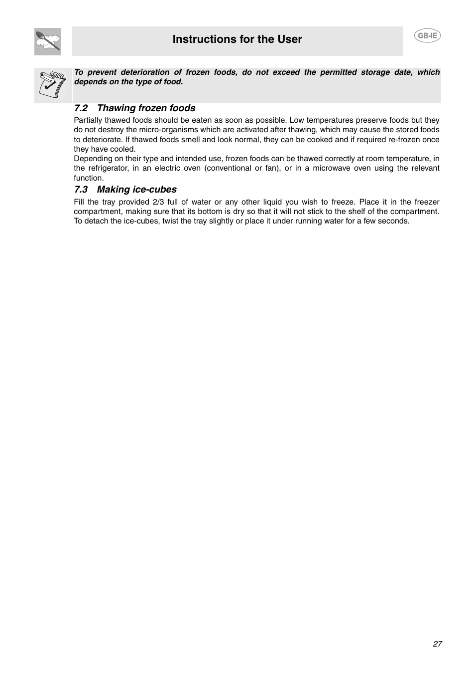 2 thawing frozen foods, 3 making ice-cubes, 2 thawing frozen foods 7.3 making ice-cubes | Instructions for the user | Smeg FAB28LO User Manual | Page 9 / 16