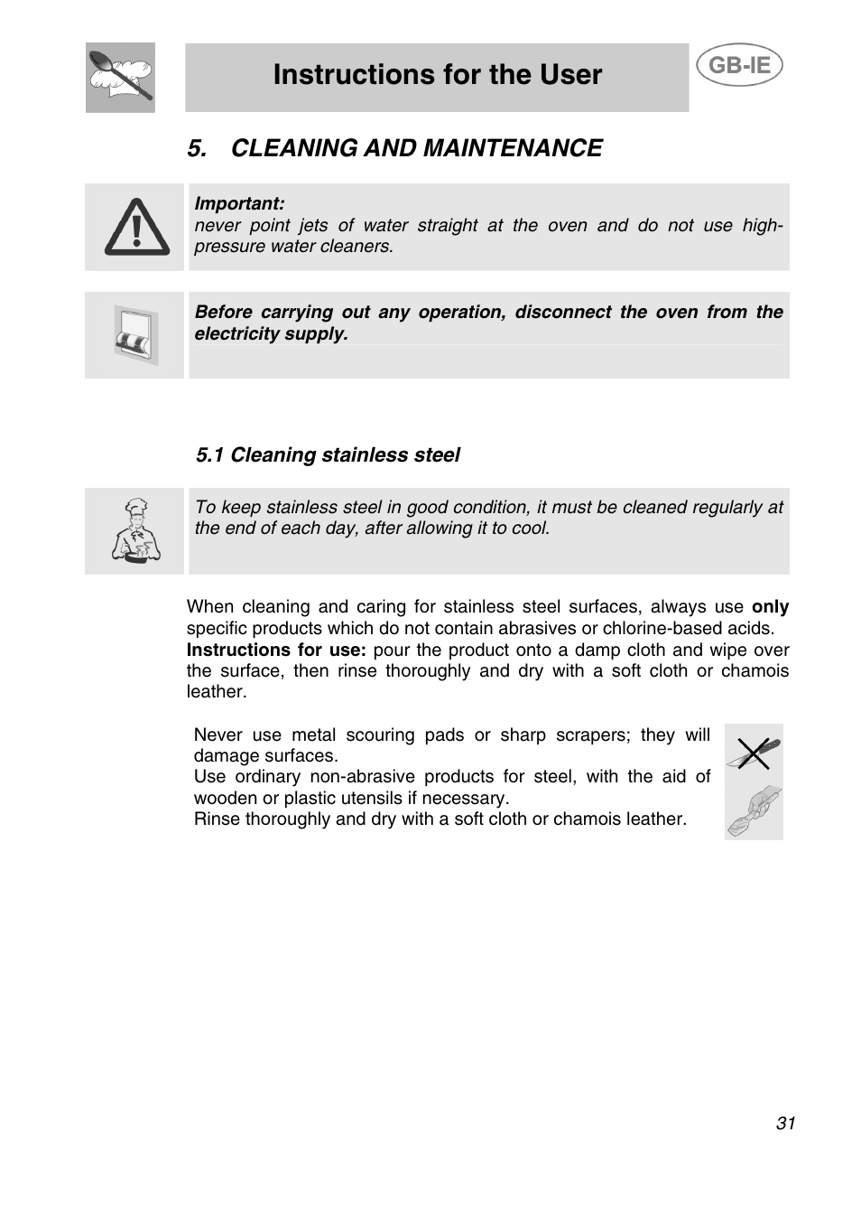 Instructions for the user, Cleaning and maintenance, 1 cleaning stainless steel | Smeg ALFA41XEN User Manual | Page 13 / 16