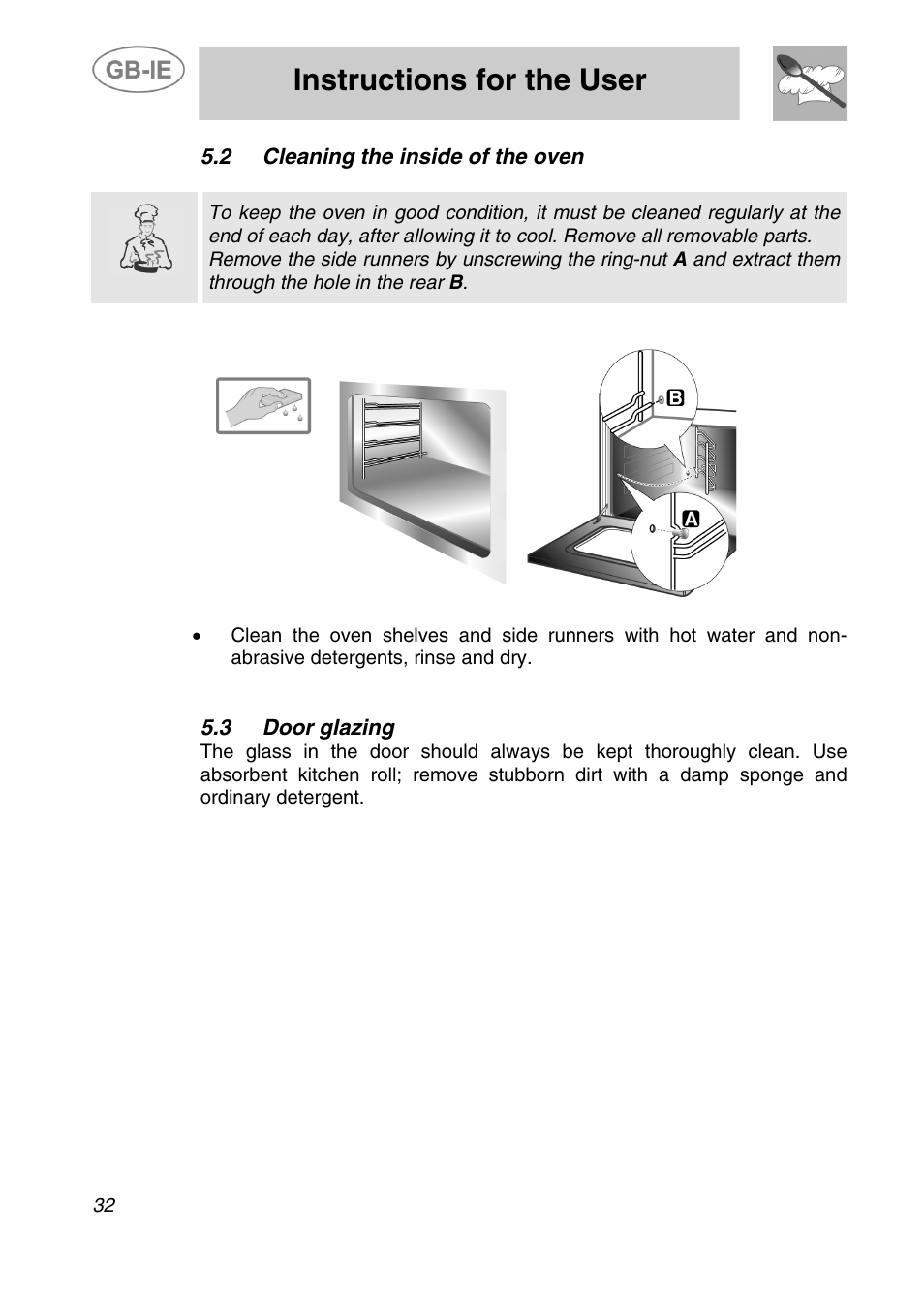 Instructions for the user, 2 cleaning the inside of the oven, 3 door glazing | Smeg ALFA41XEN User Manual | Page 14 / 16