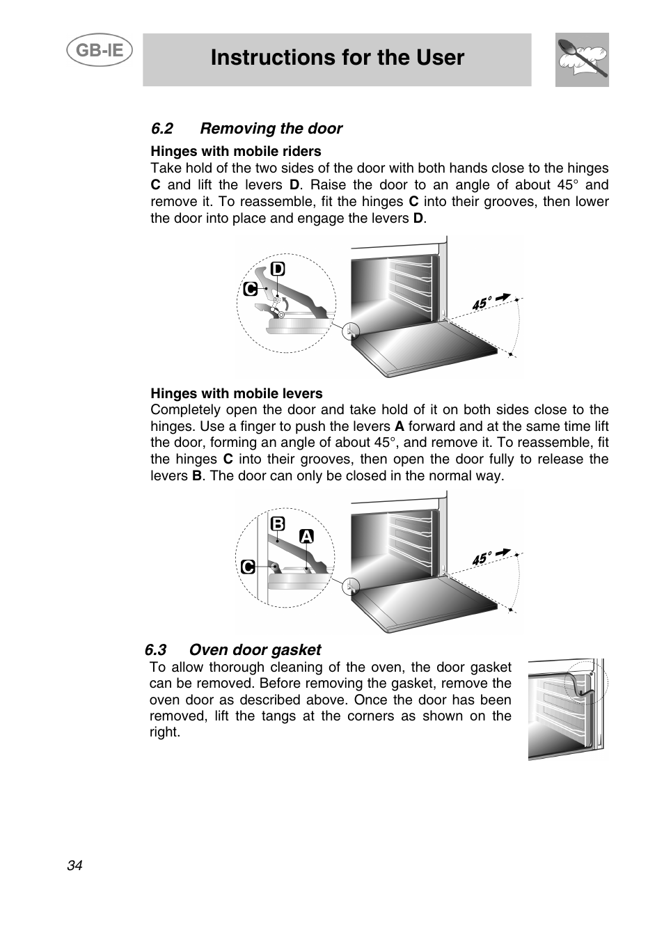 Instructions for the user, 2 removing the door, 3 oven door gasket | Smeg ALFA41XEN User Manual | Page 16 / 16