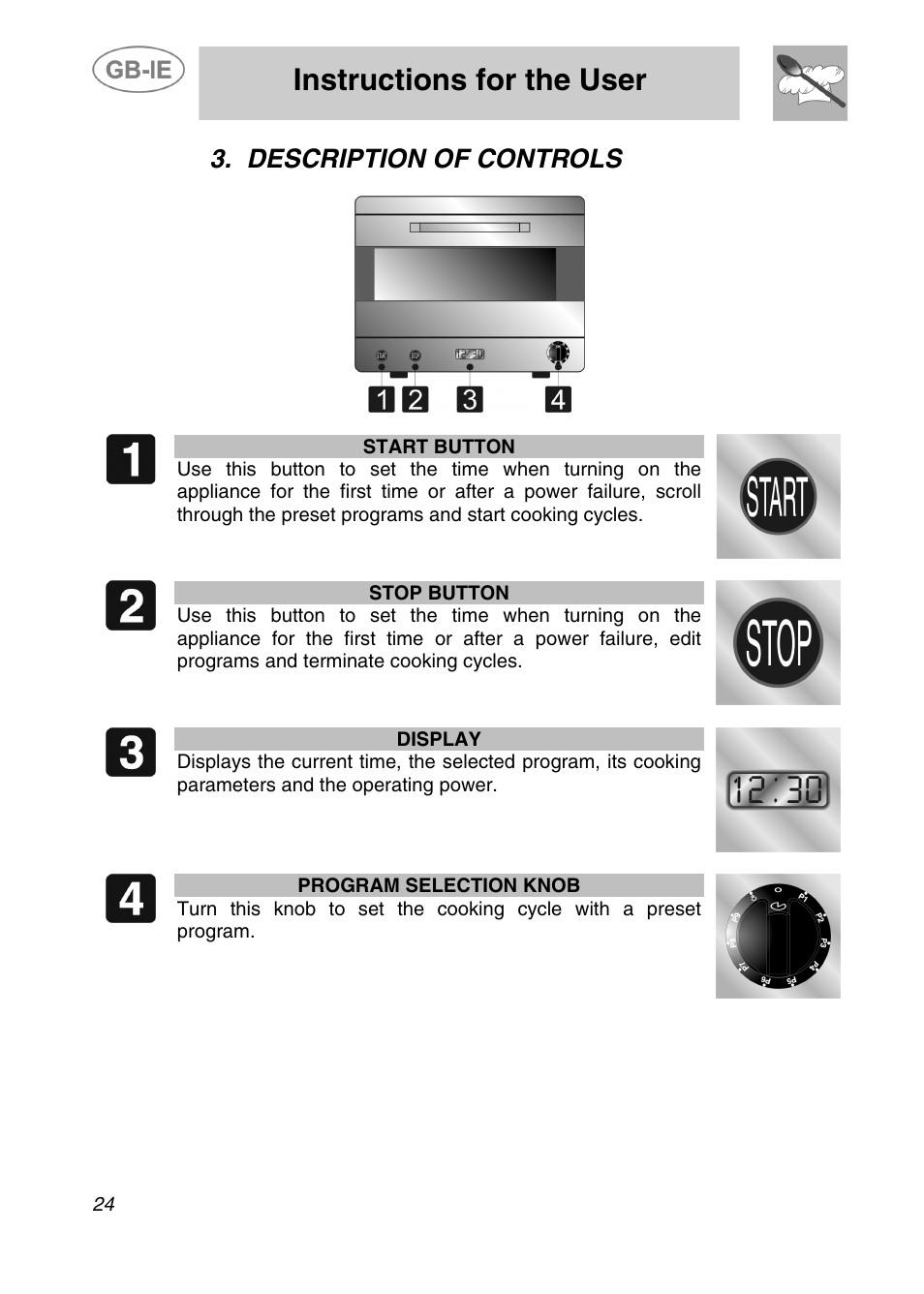 Instructions for the user, Description of controls | Smeg ALFA41XEN User Manual | Page 6 / 16