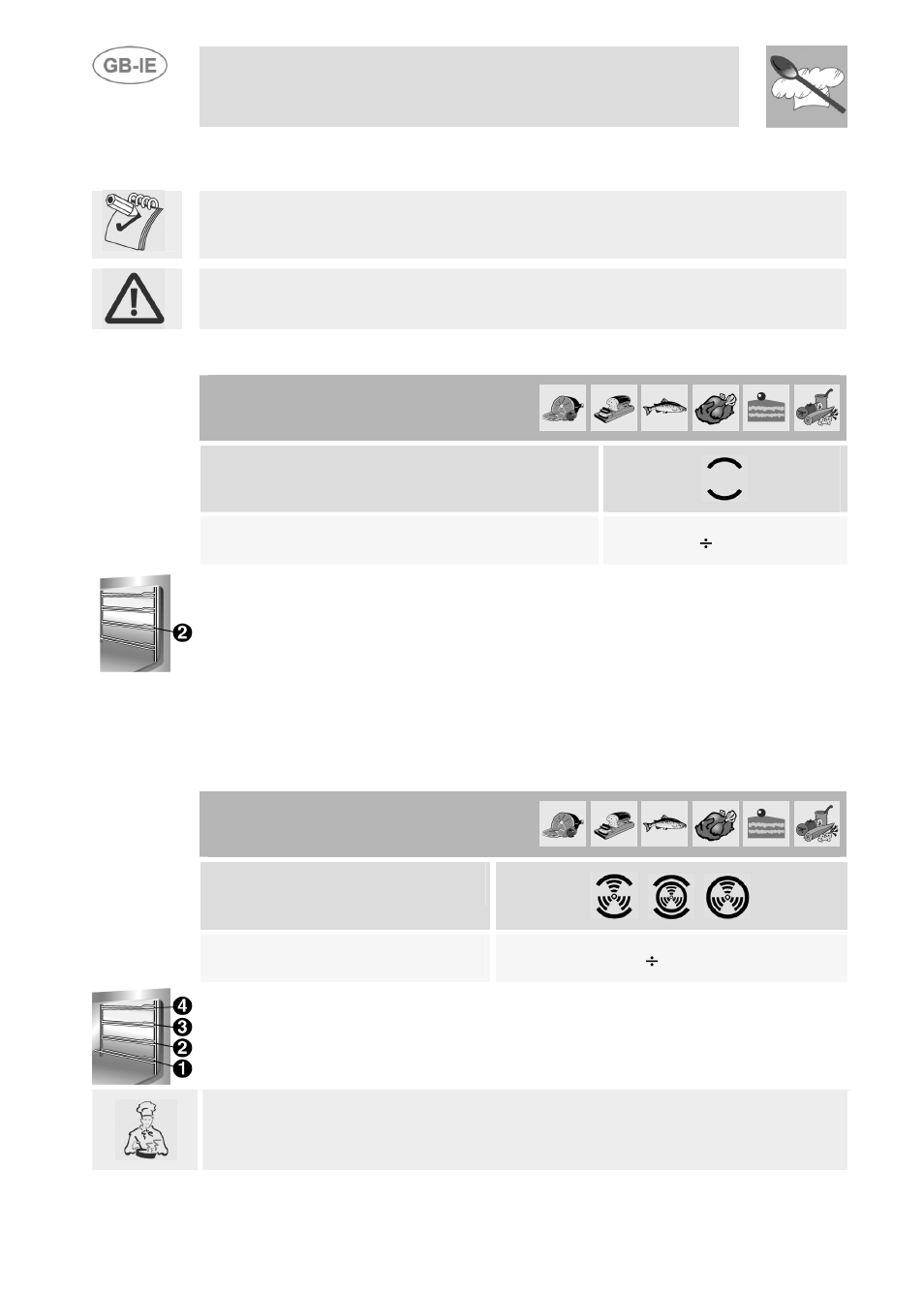 Cooking hints, Traditional cooking (multifunction models), Fan cooking (multifunction models) | Instructions for the user, 1 traditional cooking (multifunction models), 2 fan cooking (multifunction models), Keep the oven door closed during cooking, Function switch, Thermostat switch | Smeg SE598X-5 User Manual | Page 15 / 23