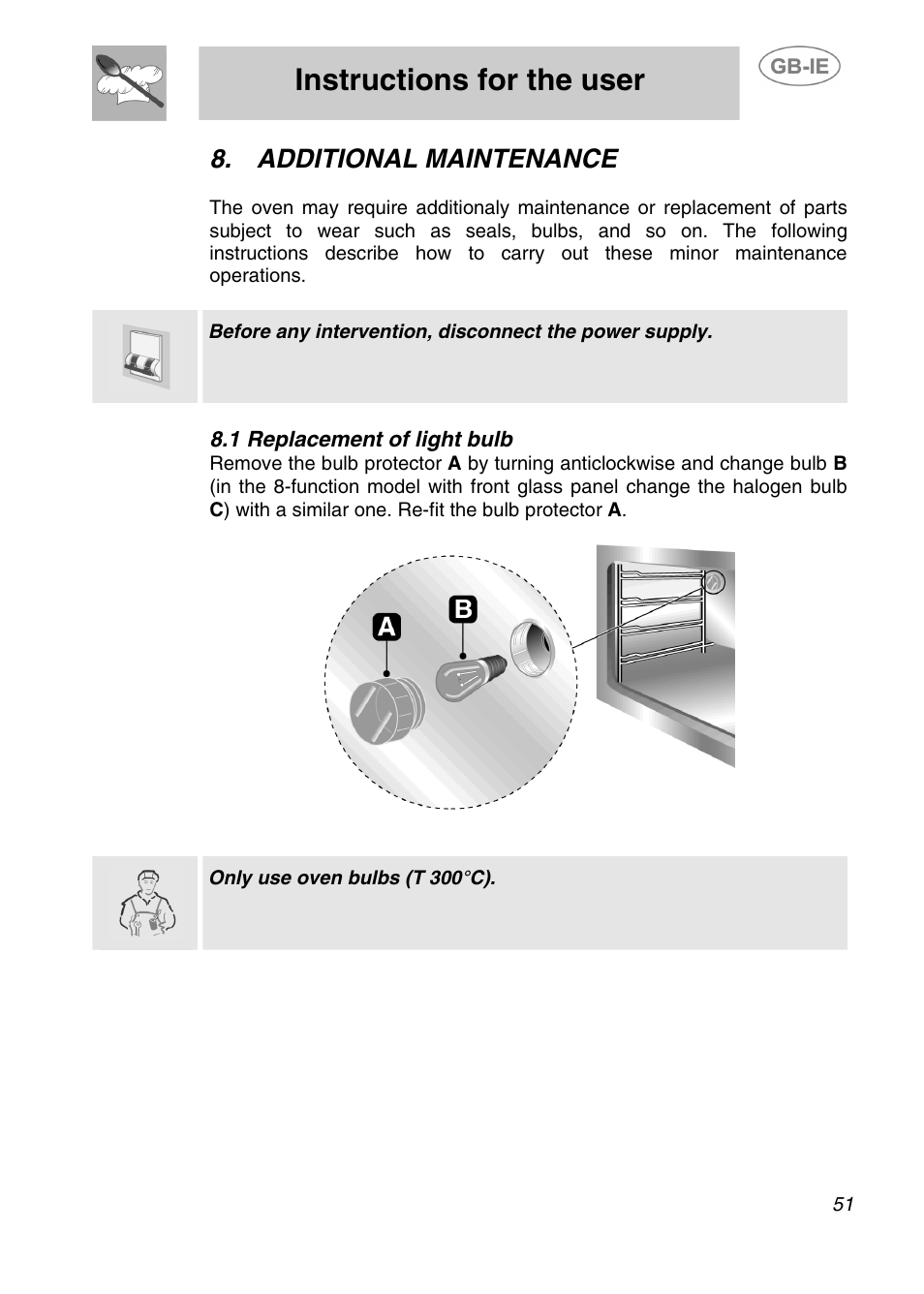 Instructions for the user, Additional maintenance, 1 replacement of light bulb | Smeg 910TB000 User Manual | Page 24 / 25