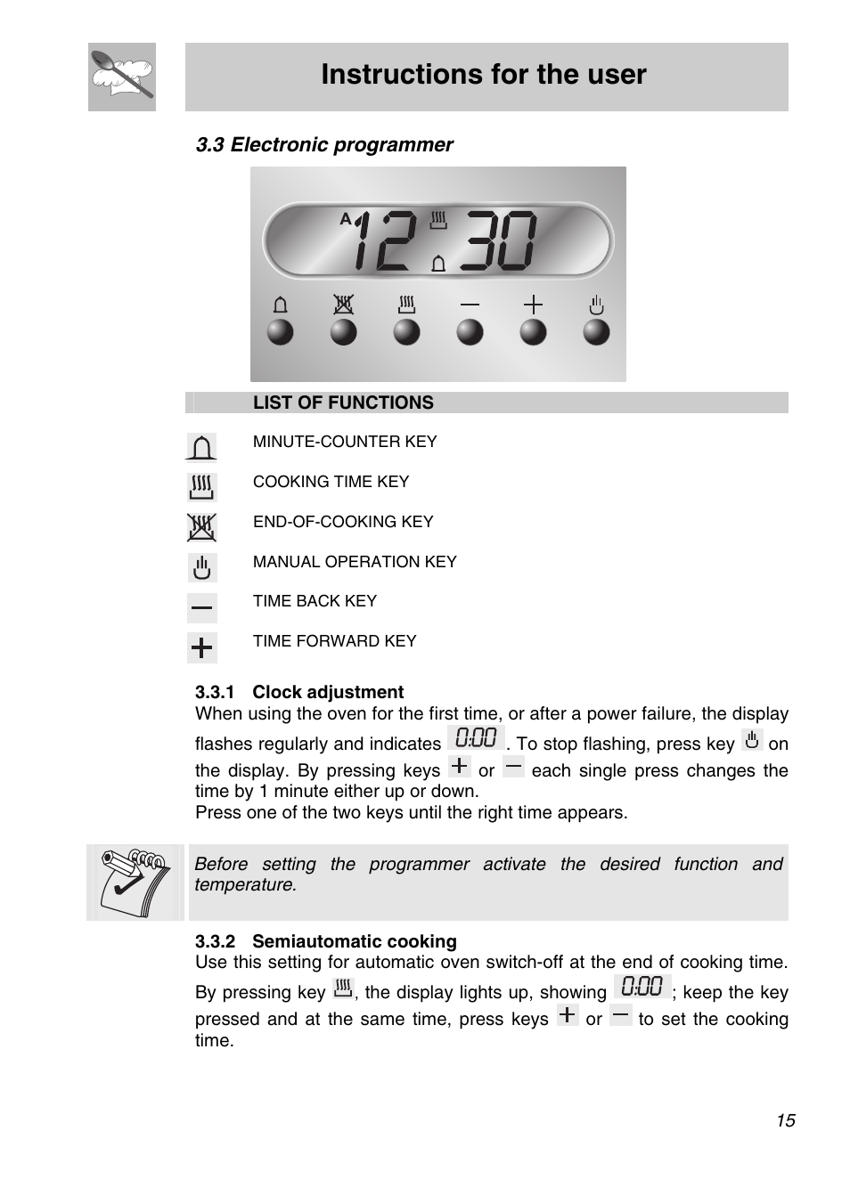 3 electronic programmer, 1 clock adjustment, 2 semiautomatic cooking | Instructions for the user | Smeg SA705X-7 User Manual | Page 13 / 28