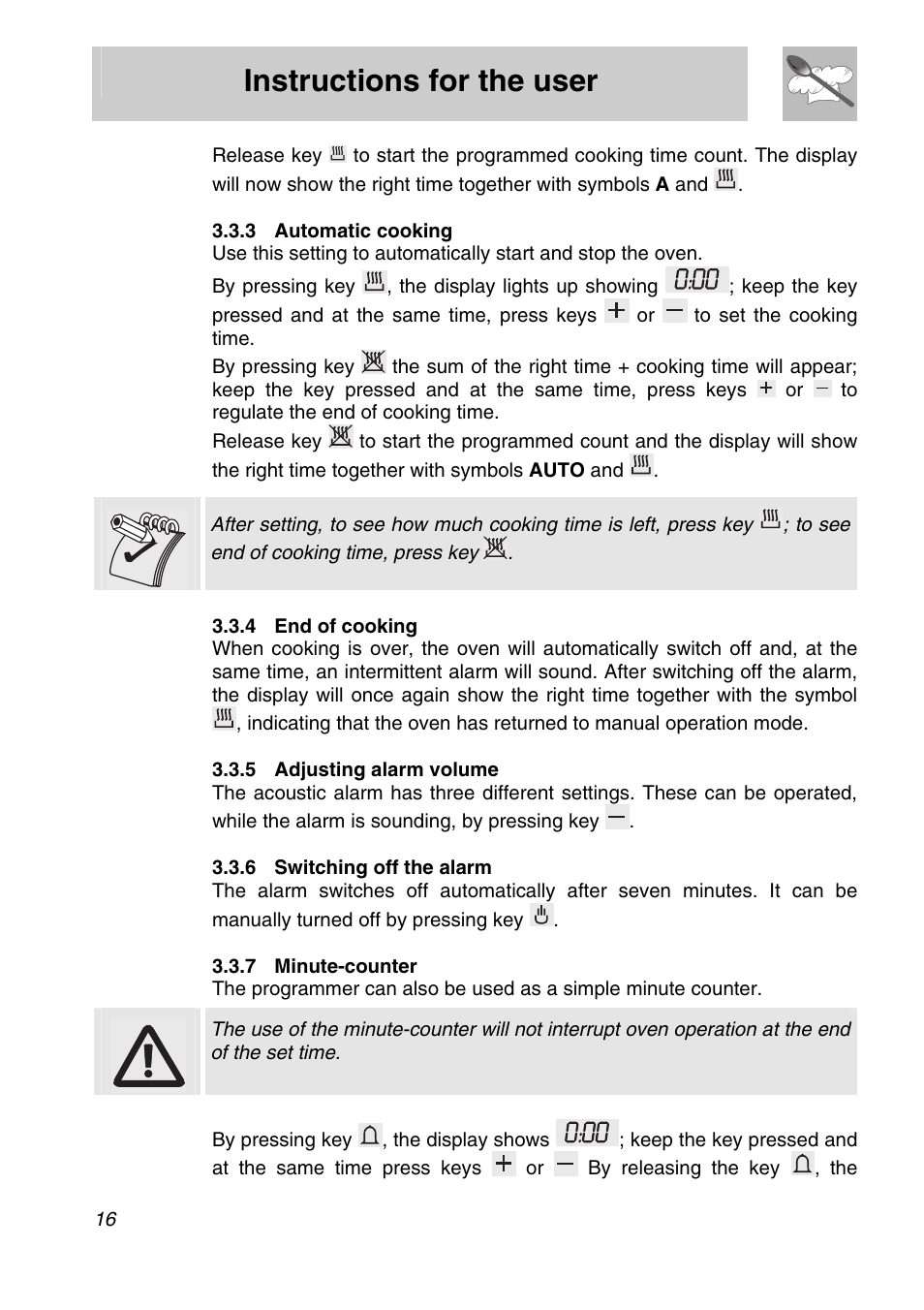 3 automatic cooking, 4 end of cooking, 5 adjusting alarm volume | 6 switching off the alarm, 7 minute-counter, Instructions for the user | Smeg SA705X-7 User Manual | Page 14 / 28