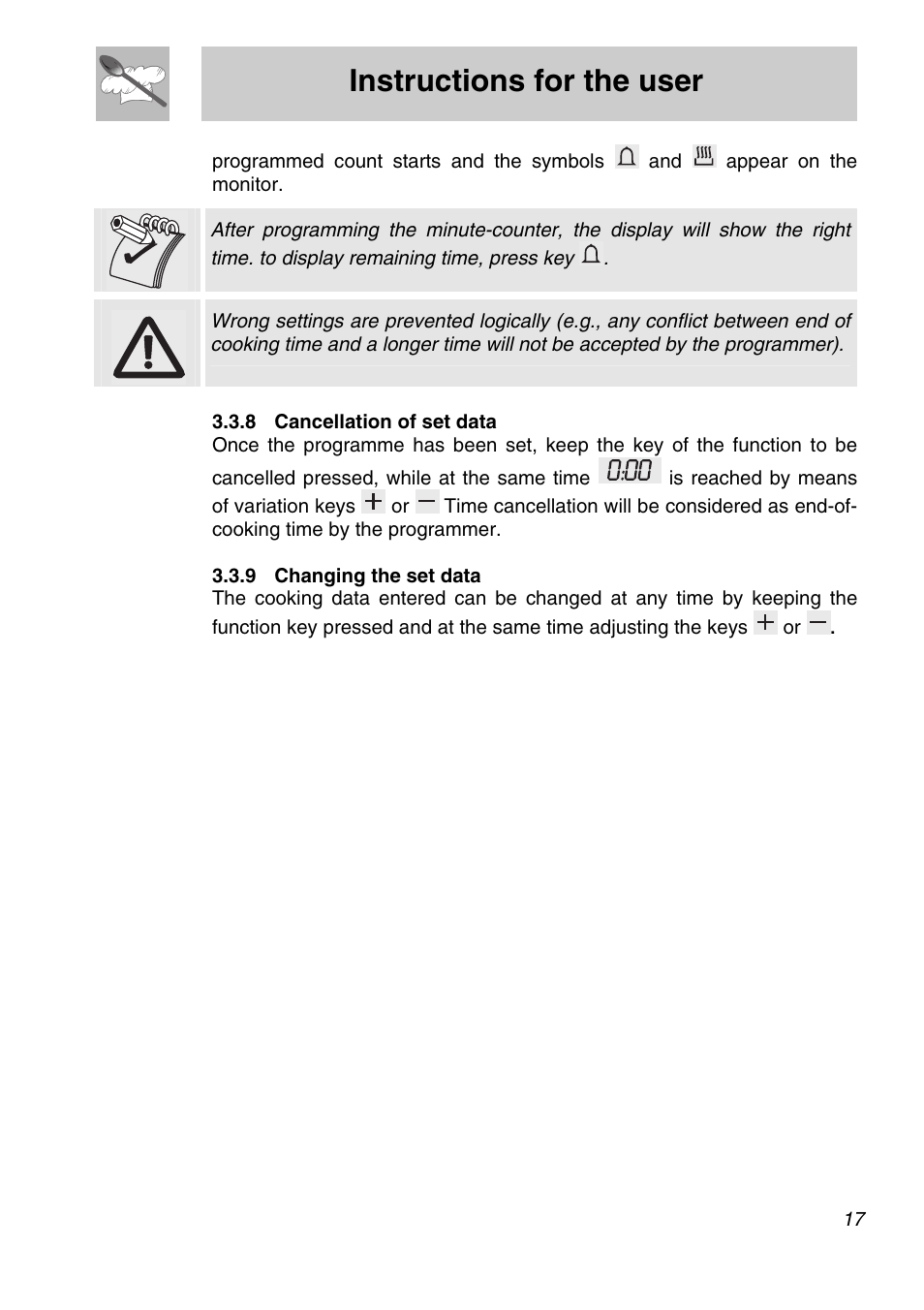 8 cancellation of set data, 9 changing the set data, Instructions for the user | Smeg SA705X-7 User Manual | Page 15 / 28