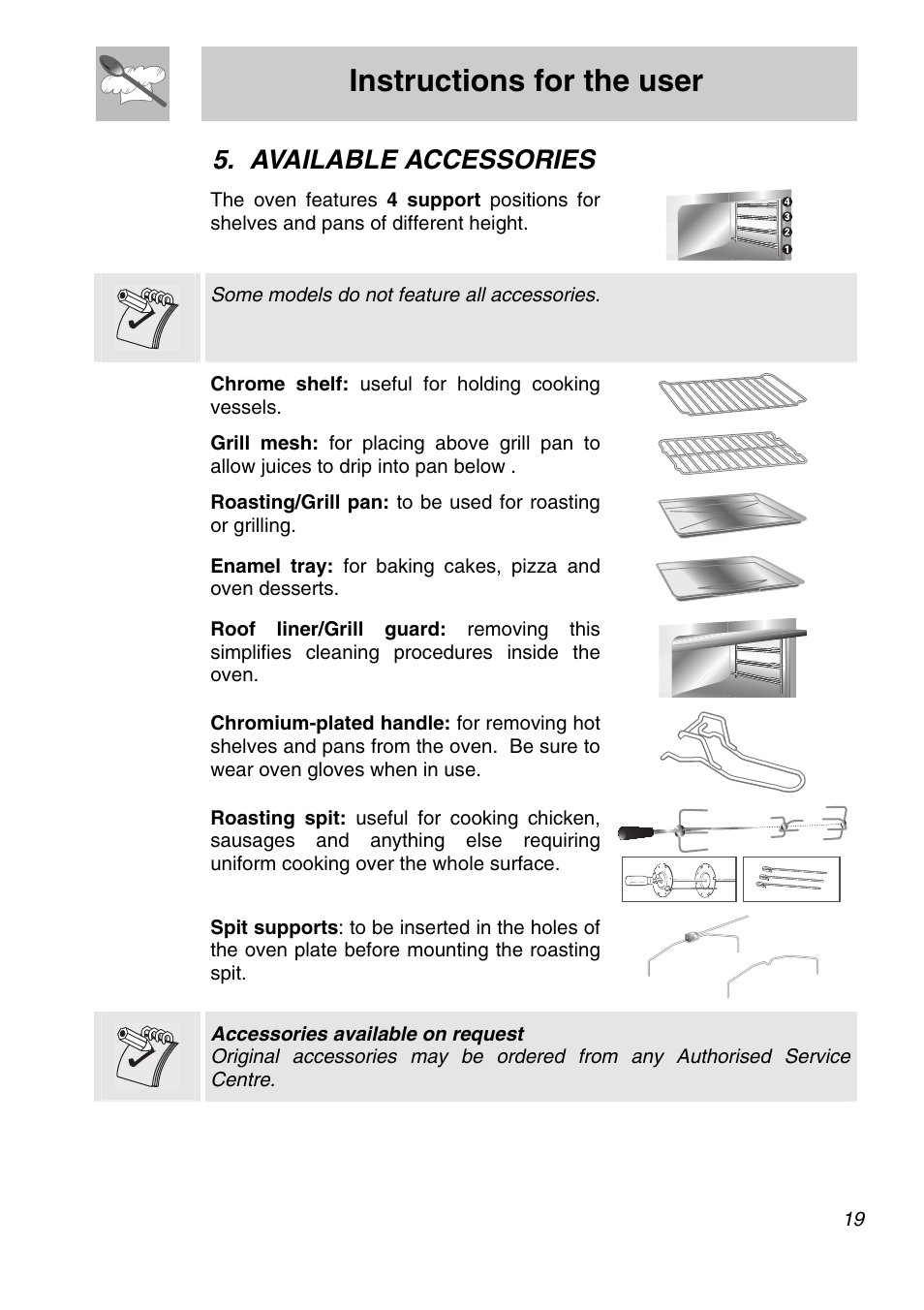 Available accessories, Instructions for the user | Smeg SA705X-7 User Manual | Page 17 / 28