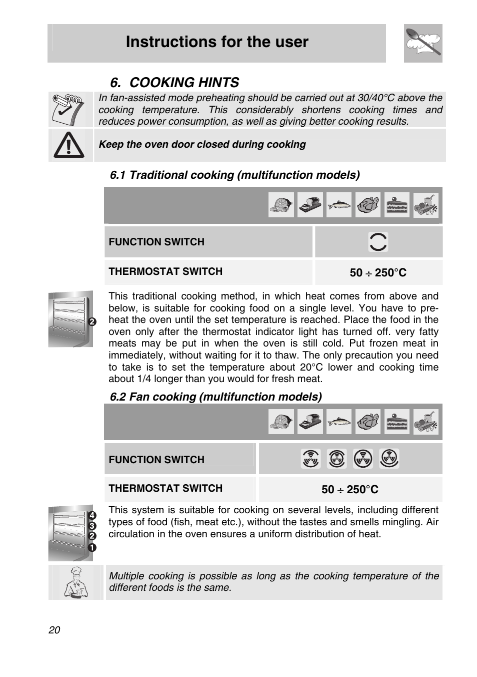 Cooking hints, 1 traditional cooking (multifunction models), 2 fan cooking (multifunction models) | Instructions for the user, Function switch, Thermostat switch | Smeg SA705X-7 User Manual | Page 18 / 28