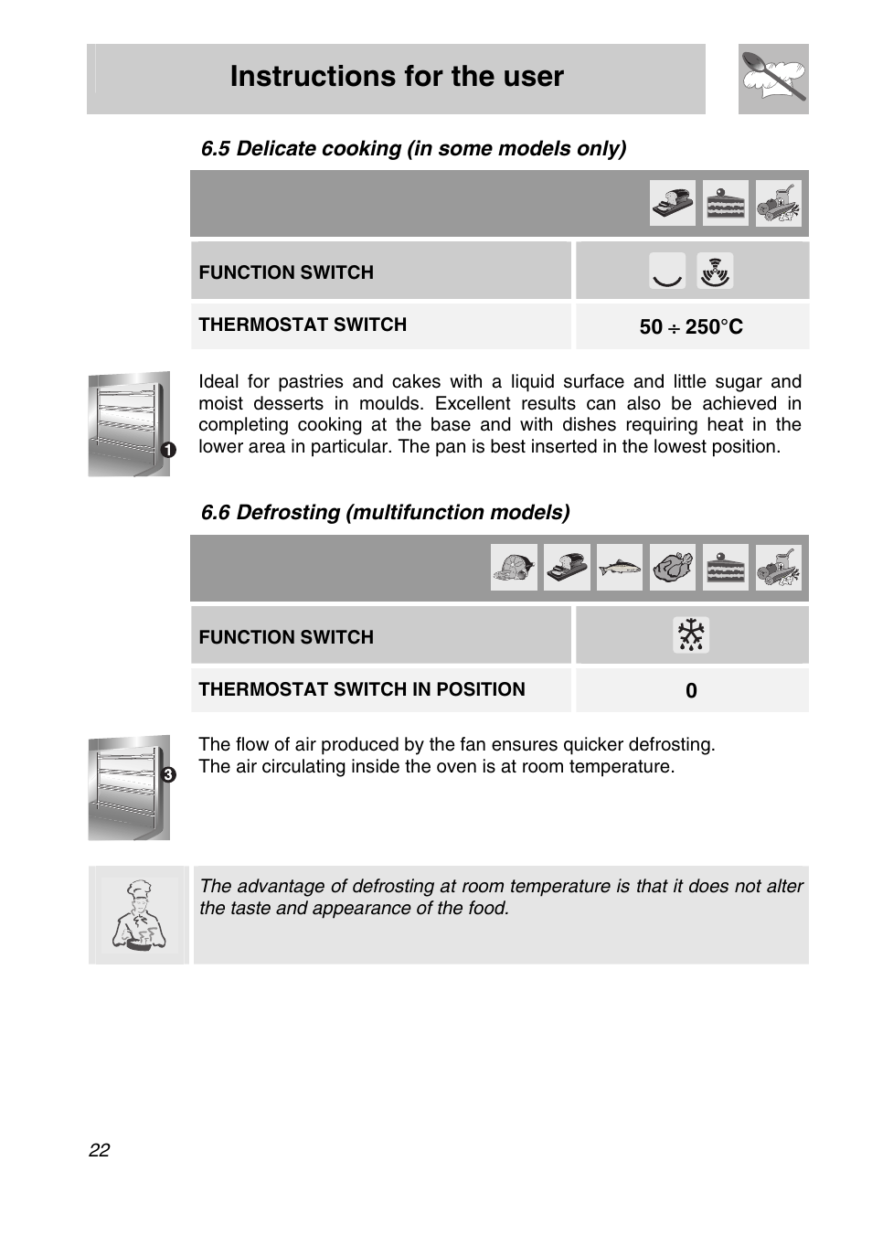 5 delicate cooking (in some models only), 6 defrosting (multifunction models), Instructions for the user | Function switch, Thermostat switch, Thermostat switch in position | Smeg SA705X-7 User Manual | Page 20 / 28