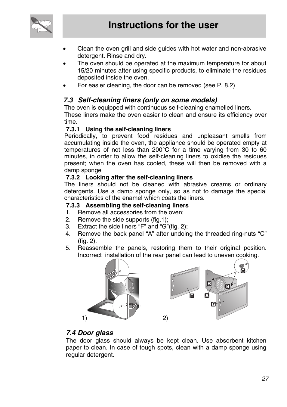 3 self-cleaning liners (only on some models), Using the self-cleaning liners, 2 looking after the self-cleaning liners | 3 assembling the self-cleaning liners, 4 door glass, Instructions for the user | Smeg SA705X-7 User Manual | Page 25 / 28