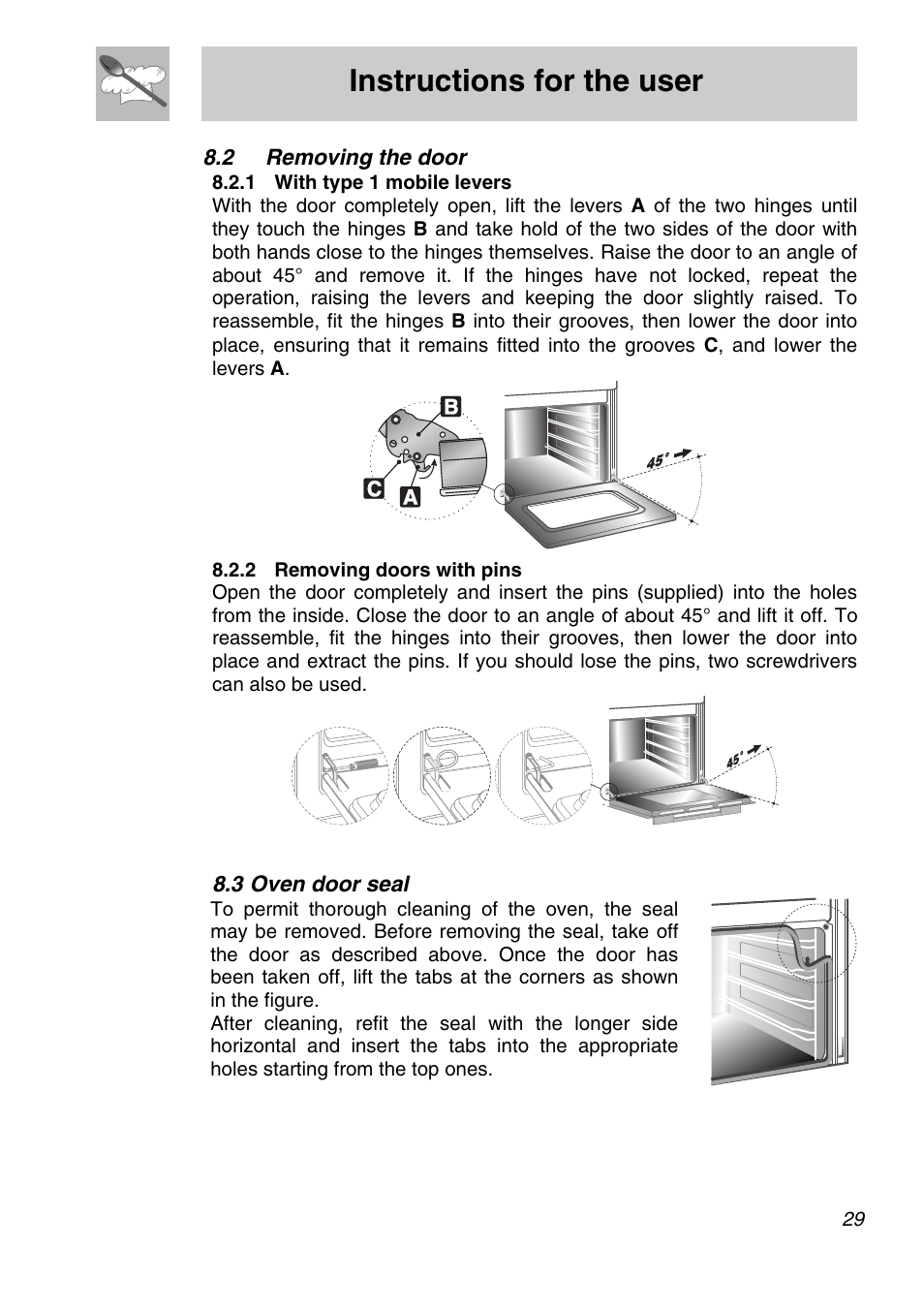 Removing the door, 1 with type 1 mobile levers, 2 removing doors with pins | 3 oven door seal, Instructions for the user | Smeg SA705X-7 User Manual | Page 27 / 28