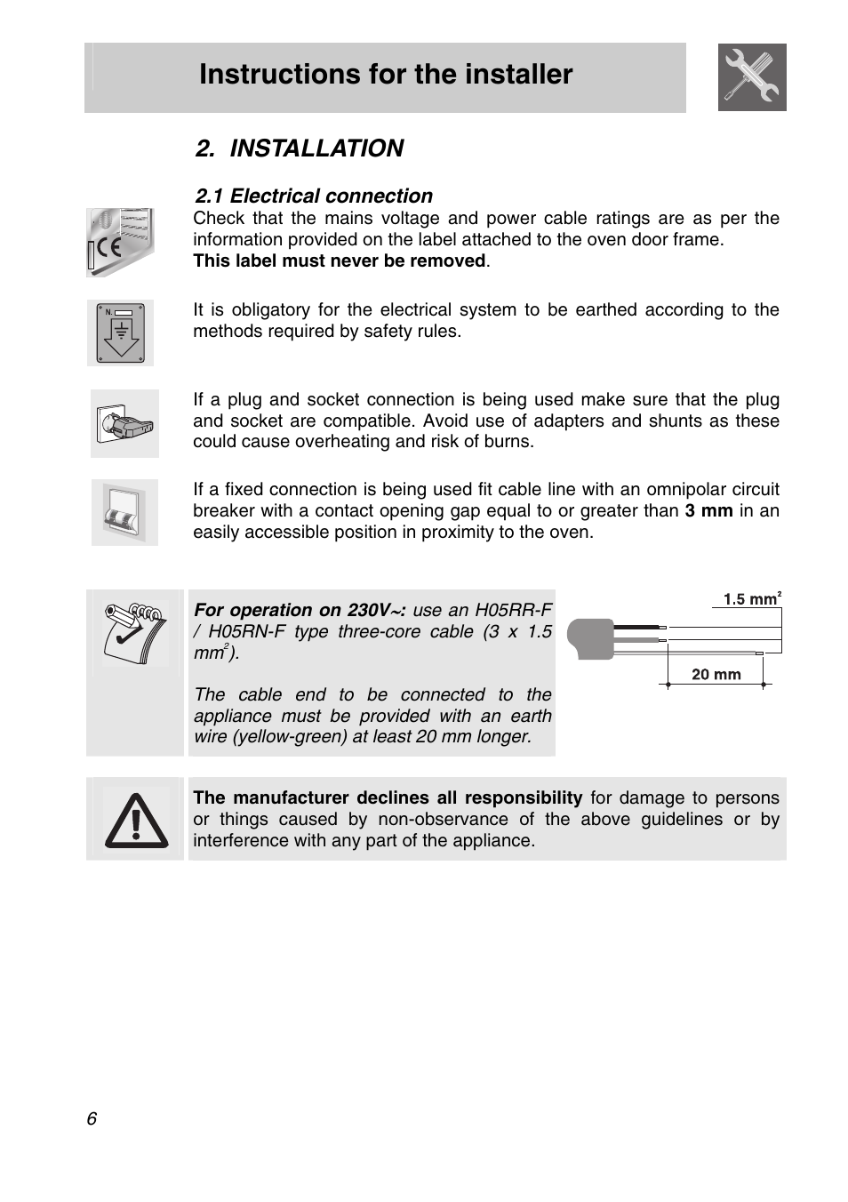 Installation, 1 electrical connection, Instructions for the installer | Smeg SA705X-7 User Manual | Page 4 / 28