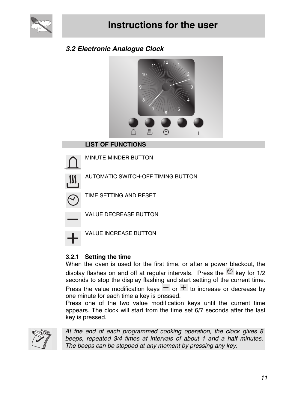 2 electronic analogue clock, 1 setting the time, Instructions for the user | List of functions | Smeg SA705X-7 User Manual | Page 9 / 28