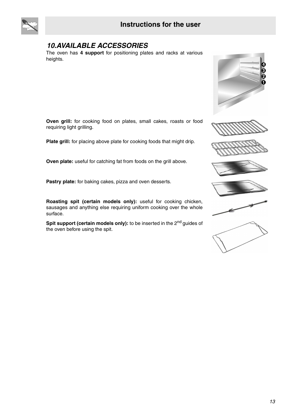 Available accessories, Instructions for the user | Smeg SNZ91MFX User Manual | Page 11 / 24