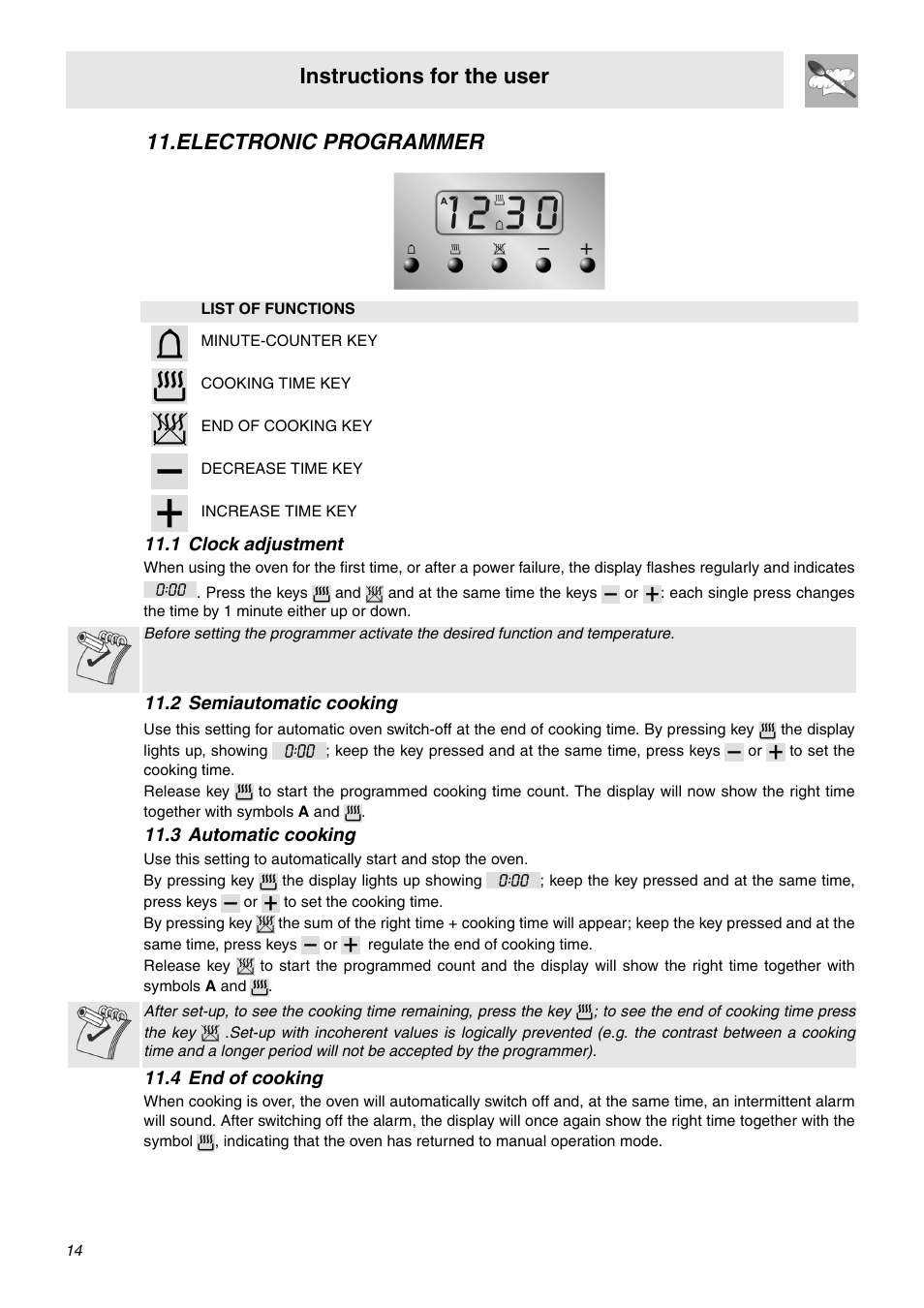 Electronic programmer, 1 clock adjustment, 2 semiautomatic cooking | 3 automatic cooking, 4 end of cooking, Instructions for the user | Smeg SNZ91MFX User Manual | Page 12 / 24