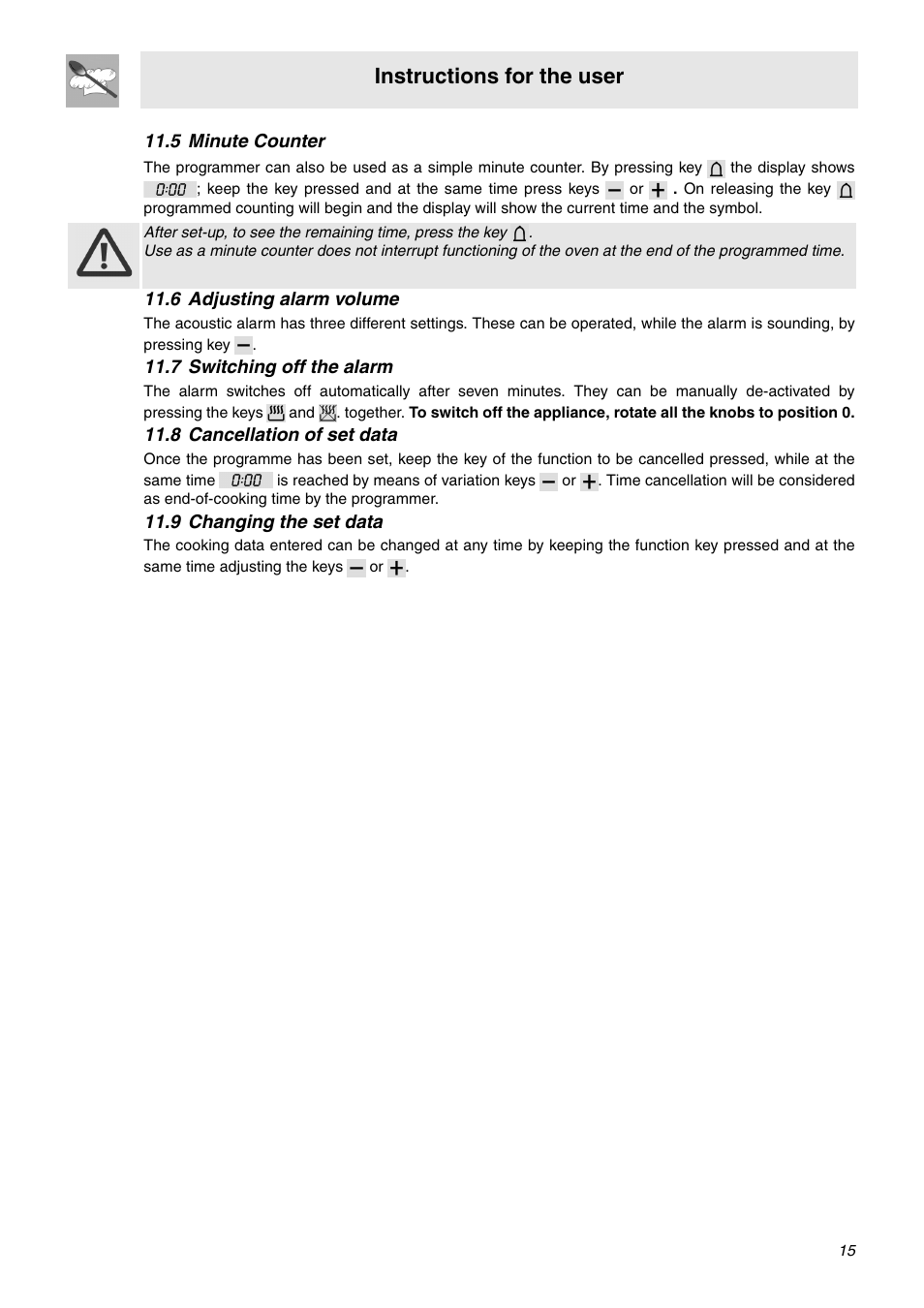 5 minute counter, 6 adjusting alarm volume, 7 switching off the alarm | 8 cancellation of set data, 9 changing the set data, Instructions for the user | Smeg SNZ91MFX User Manual | Page 13 / 24