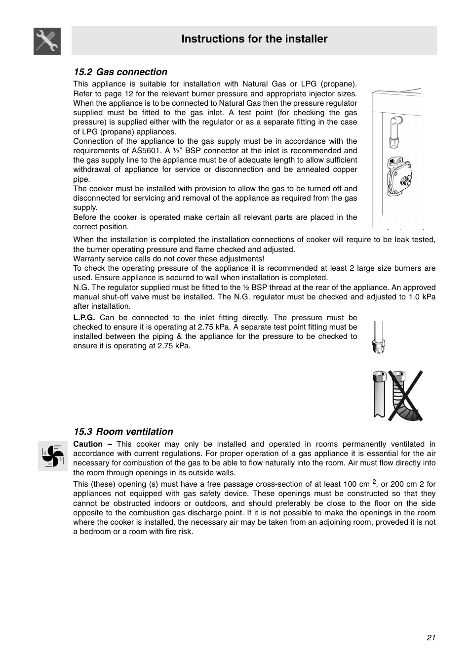 2 gas connection, 3 room ventilation, Instructions for the installer | Smeg SNZ91MFX User Manual | Page 19 / 24