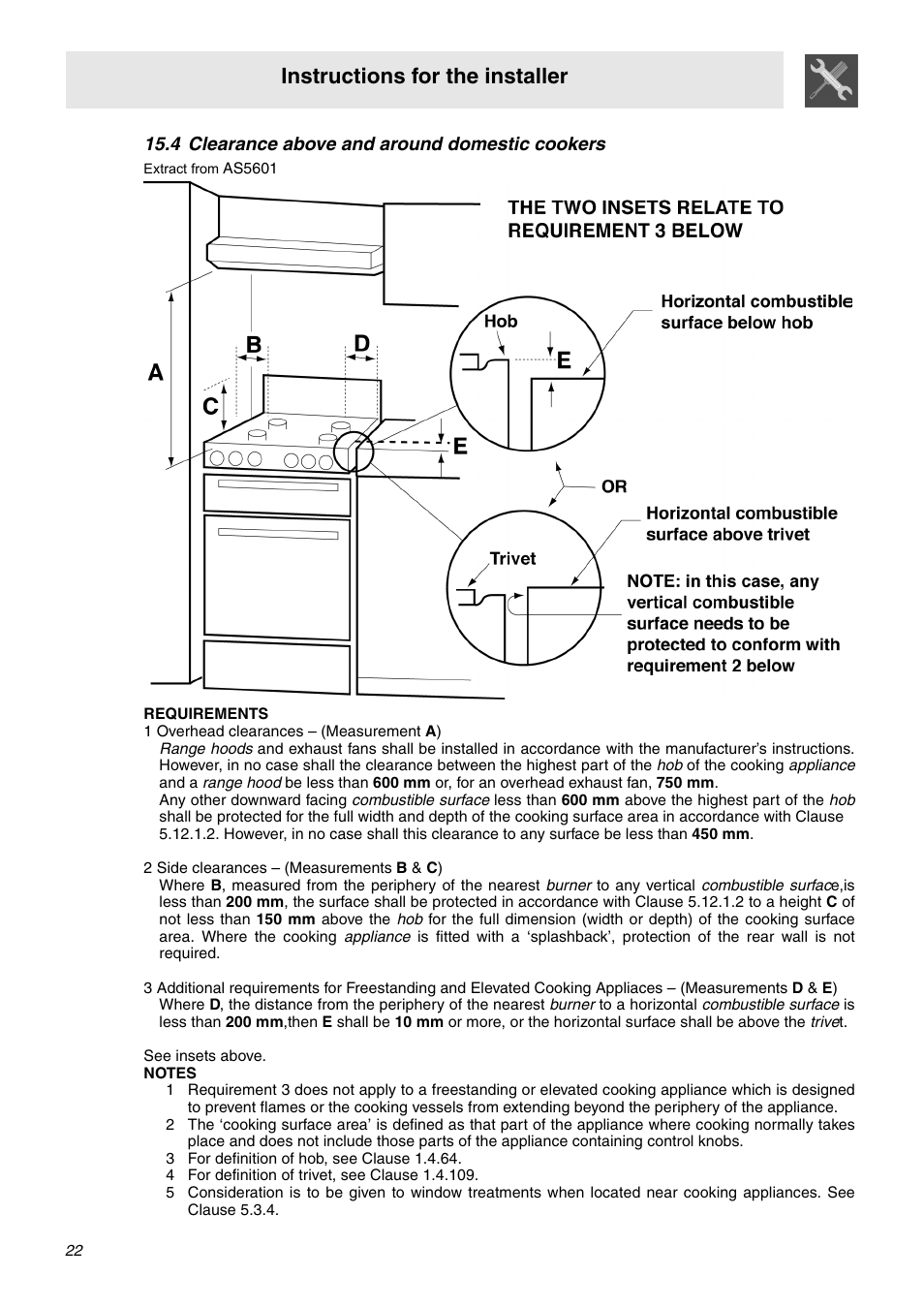 4 clearance above and around domestic cookers, 3 for definition of hob, see clause 1.4.64, 4 for definition of trivet, see clause 1.4.109 | Instructions for the installer | Smeg SNZ91MFX User Manual | Page 20 / 24