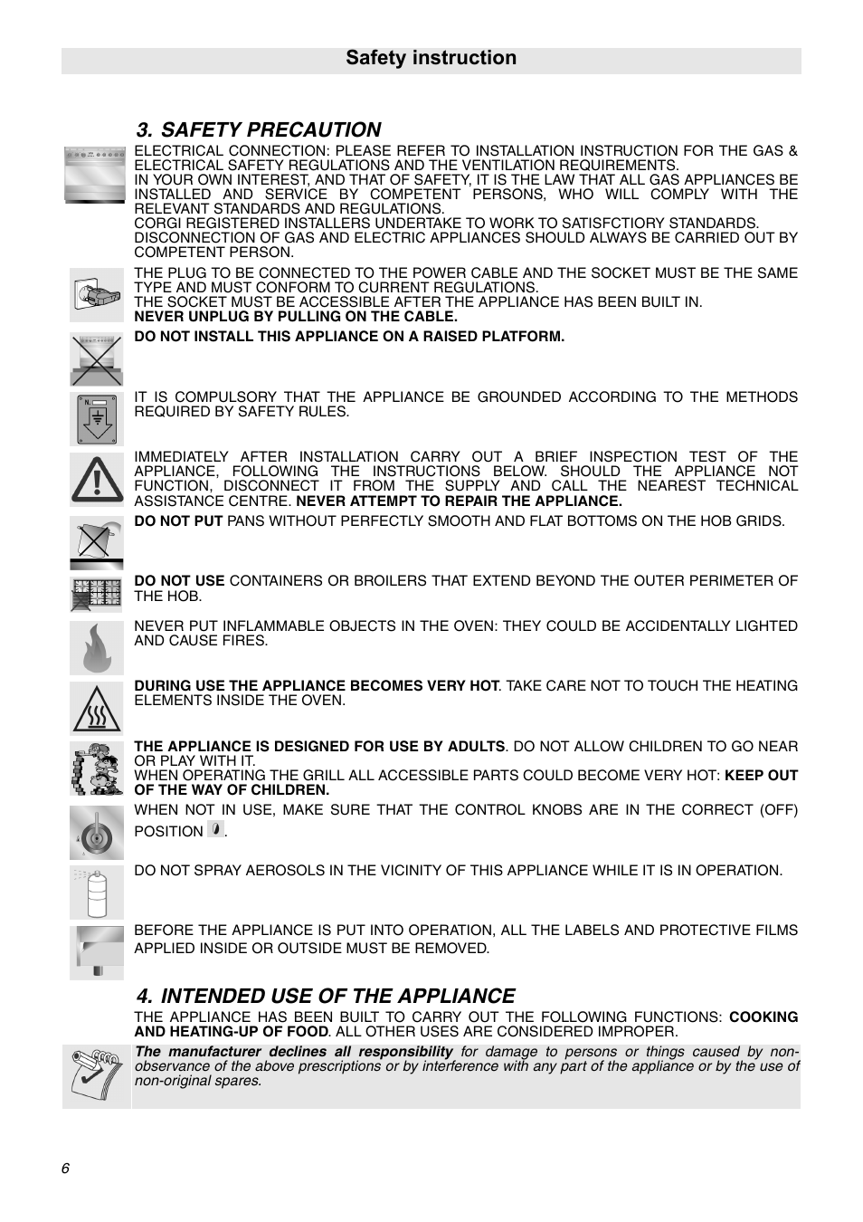 Safety precaution, Intended use of the appliance, Safety precaution 4. intended use of the appliance | Safety instruction | Smeg SNZ91MFX User Manual | Page 4 / 24