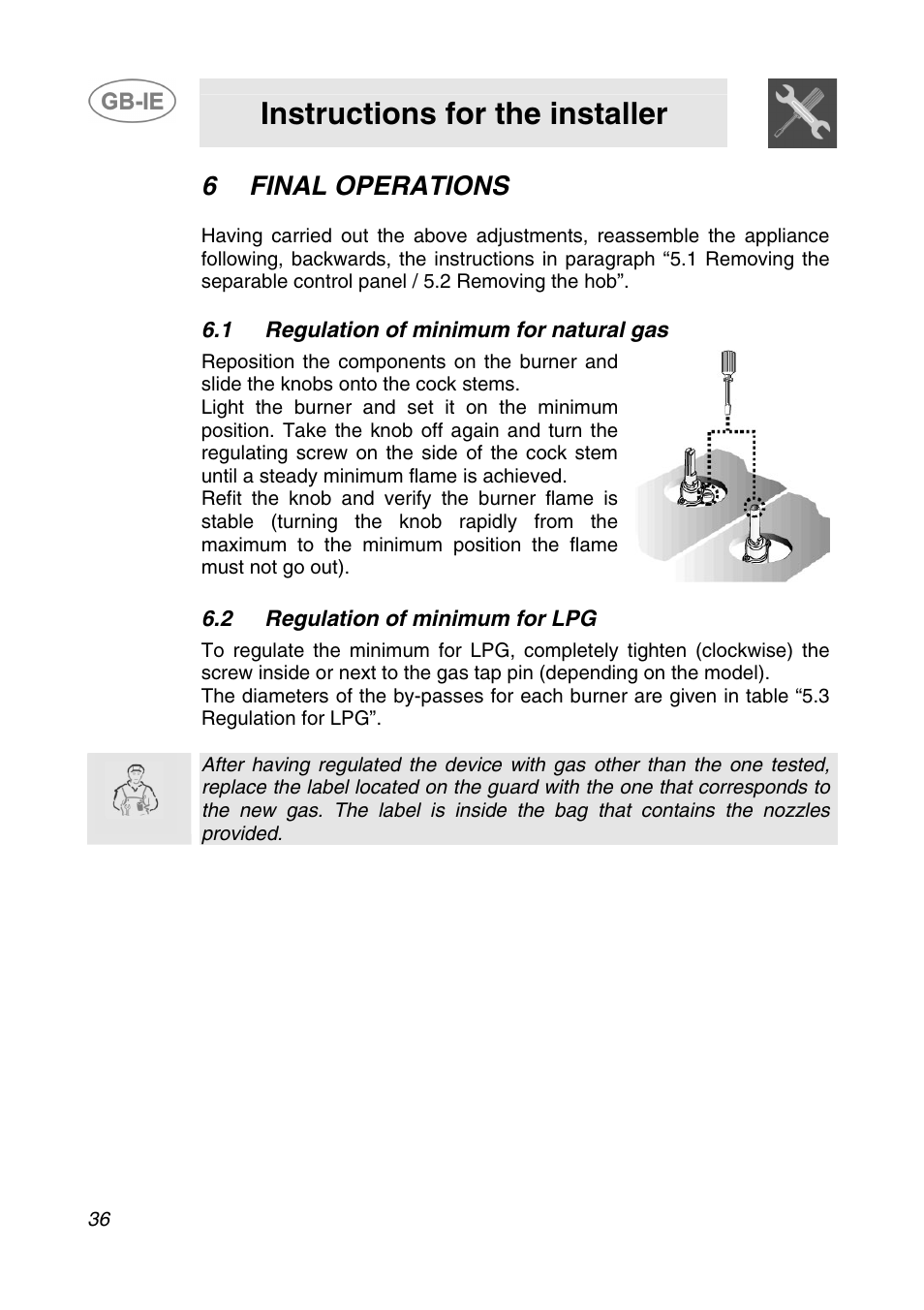 6 final operations, 1 regulation of minimum for natural gas, 2 regulation of minimum for lpg | Final operations, Instructions for the installer | Smeg AP64S3 User Manual | Page 13 / 20