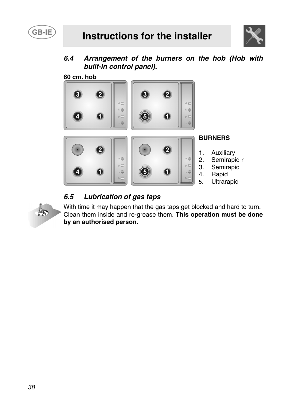 5 lubrication of gas taps, Instructions for the installer | Smeg AP64S3 User Manual | Page 15 / 20