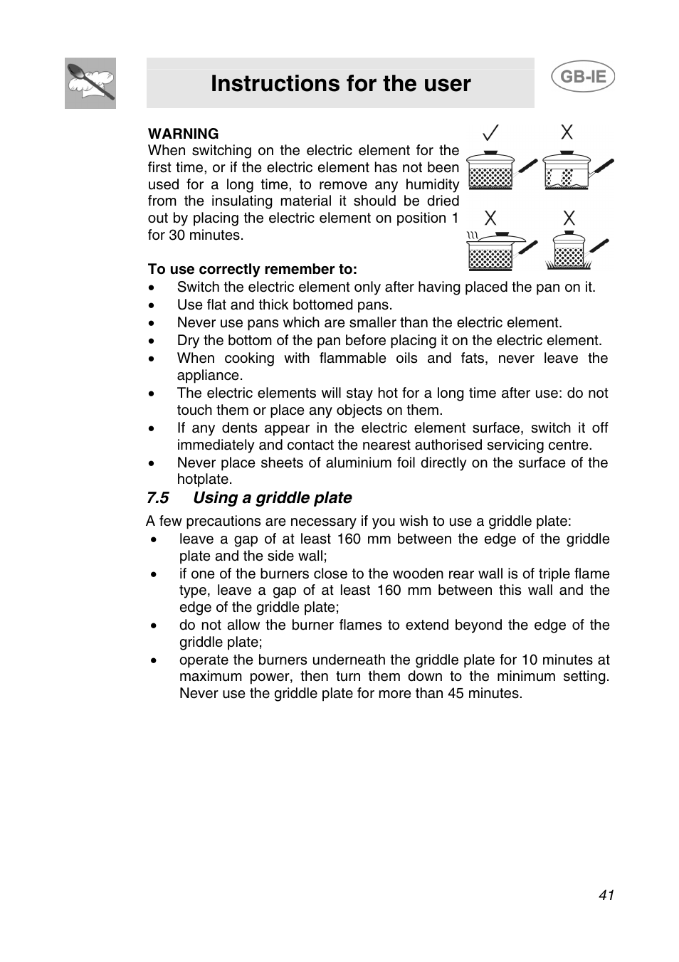 5 using a griddle plate, Instructions for the user | Smeg AP64S3 User Manual | Page 18 / 20