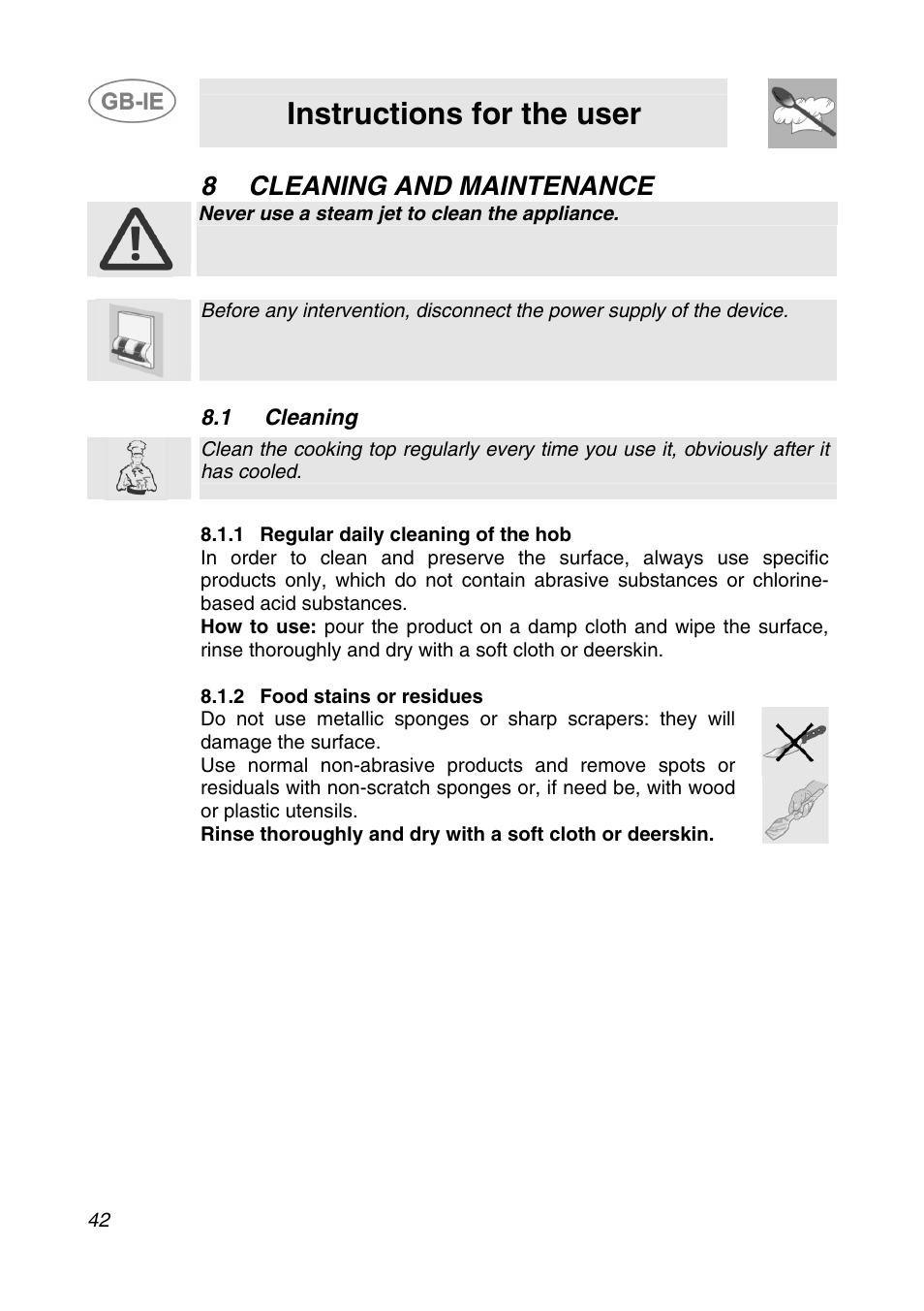 8 cleaning and maintenance, 1 cleaning, 1 regular daily cleaning of the hob | 2 food stains or residues, Cleaning and maintenance, Instructions for the user | Smeg AP64S3 User Manual | Page 19 / 20