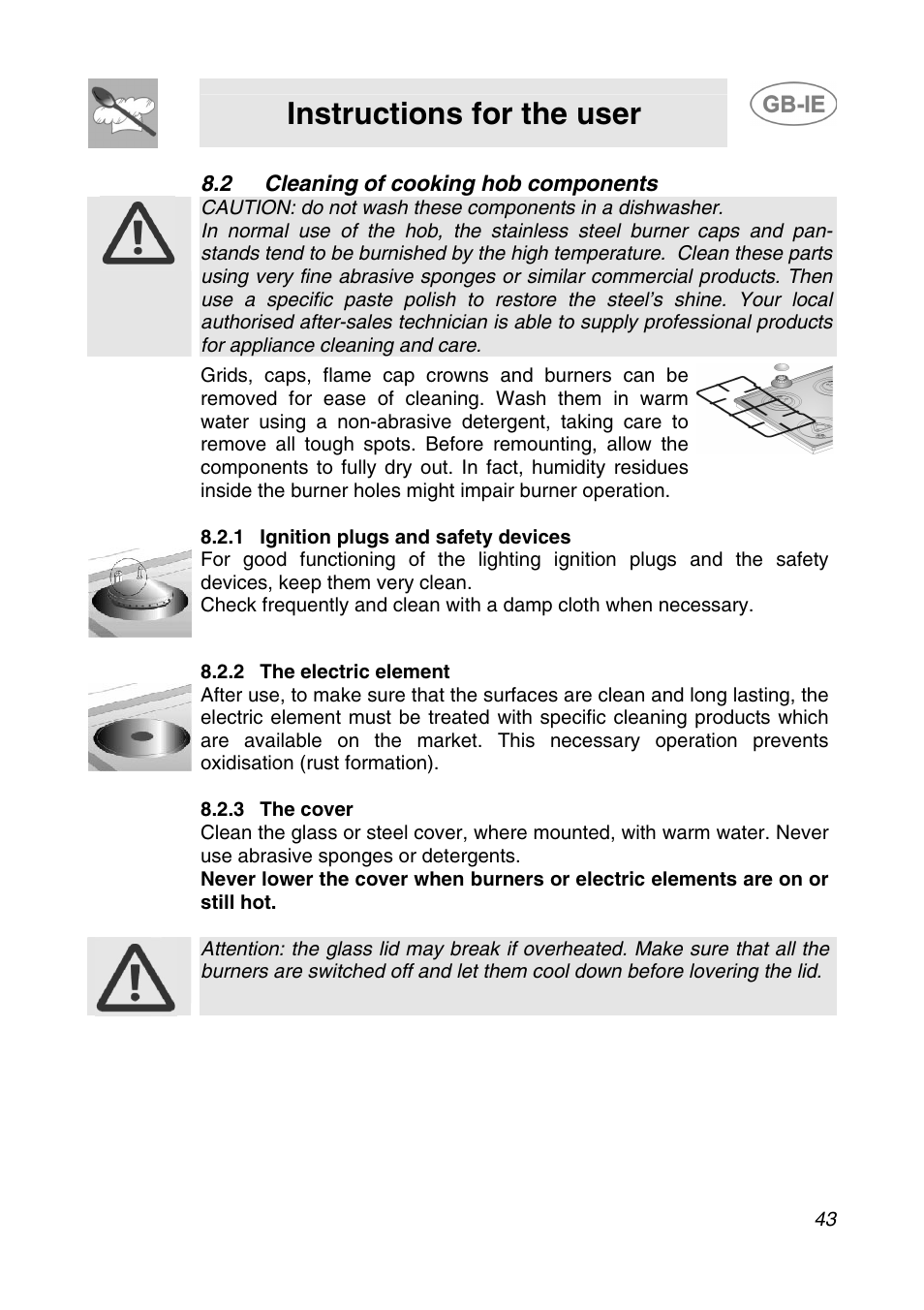 2 cleaning of cooking hob components, 1 ignition plugs and safety devices, 2 the electric element | 3 the cover, Instructions for the user | Smeg AP64S3 User Manual | Page 20 / 20
