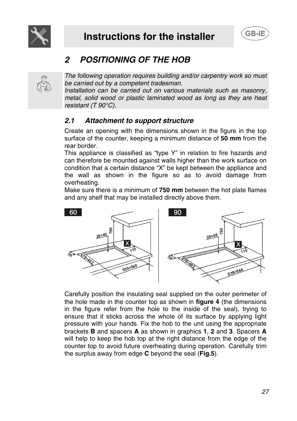 2 positioning of the hob, 1 attachment to support structure, Positioning of the hob | Instructions for the installer | Smeg AP64S3 User Manual | Page 4 / 20