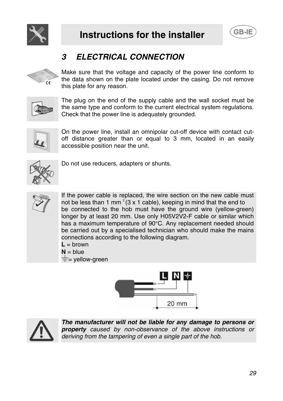 3 electrical connection, Electrical connection, Instructions for the installer | Smeg AP64S3 User Manual | Page 6 / 20