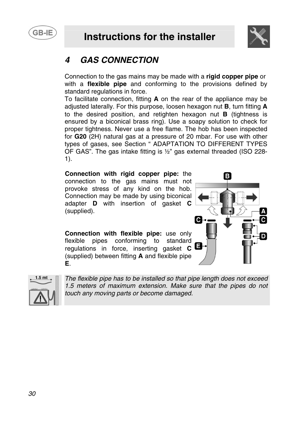 4 gas connection, Gas connection, Instructions for the installer | Smeg AP64S3 User Manual | Page 7 / 20