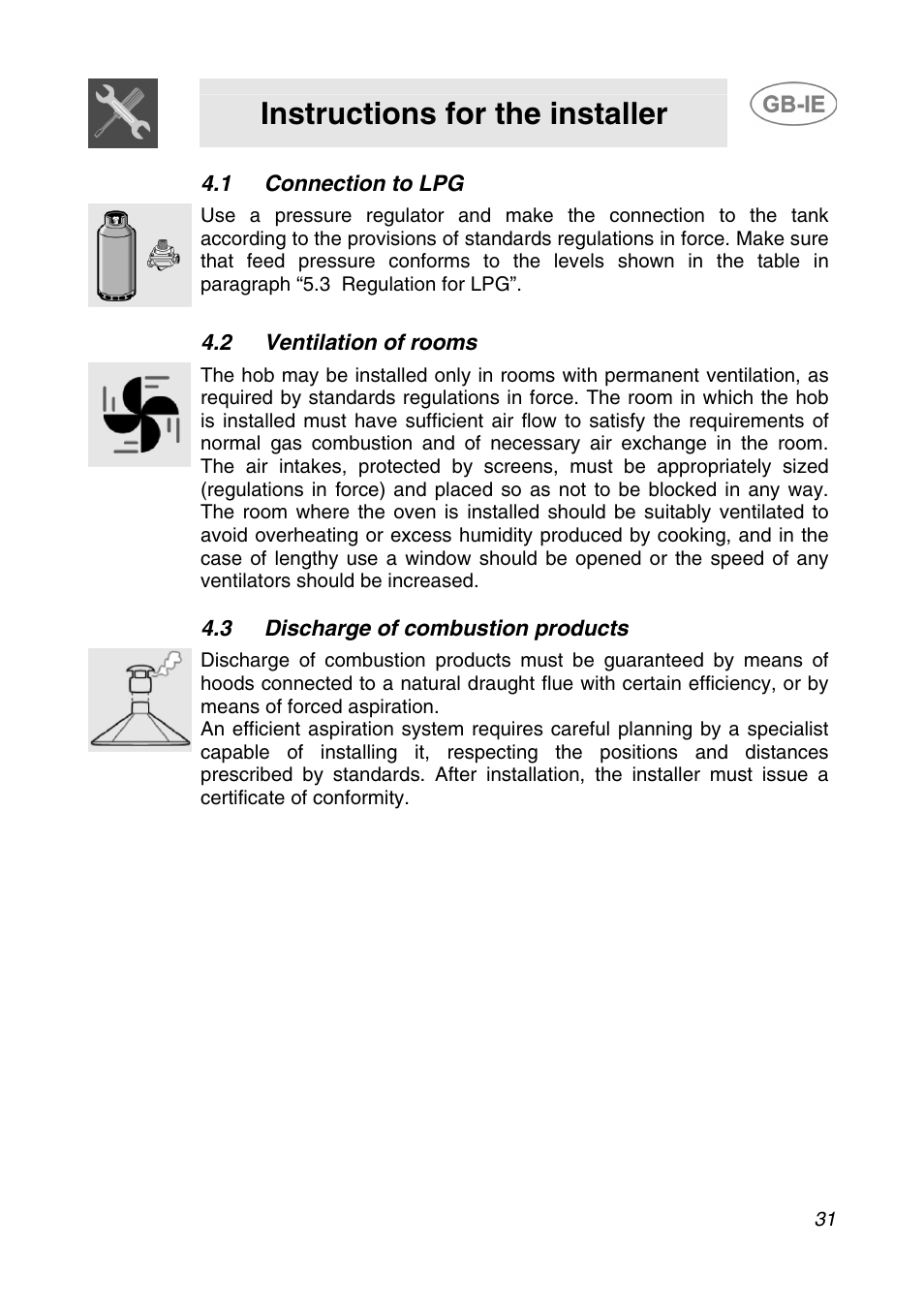 1 connection to lpg, 2 ventilation of rooms, 3 discharge of combustion products | Instructions for the installer | Smeg AP64S3 User Manual | Page 8 / 20