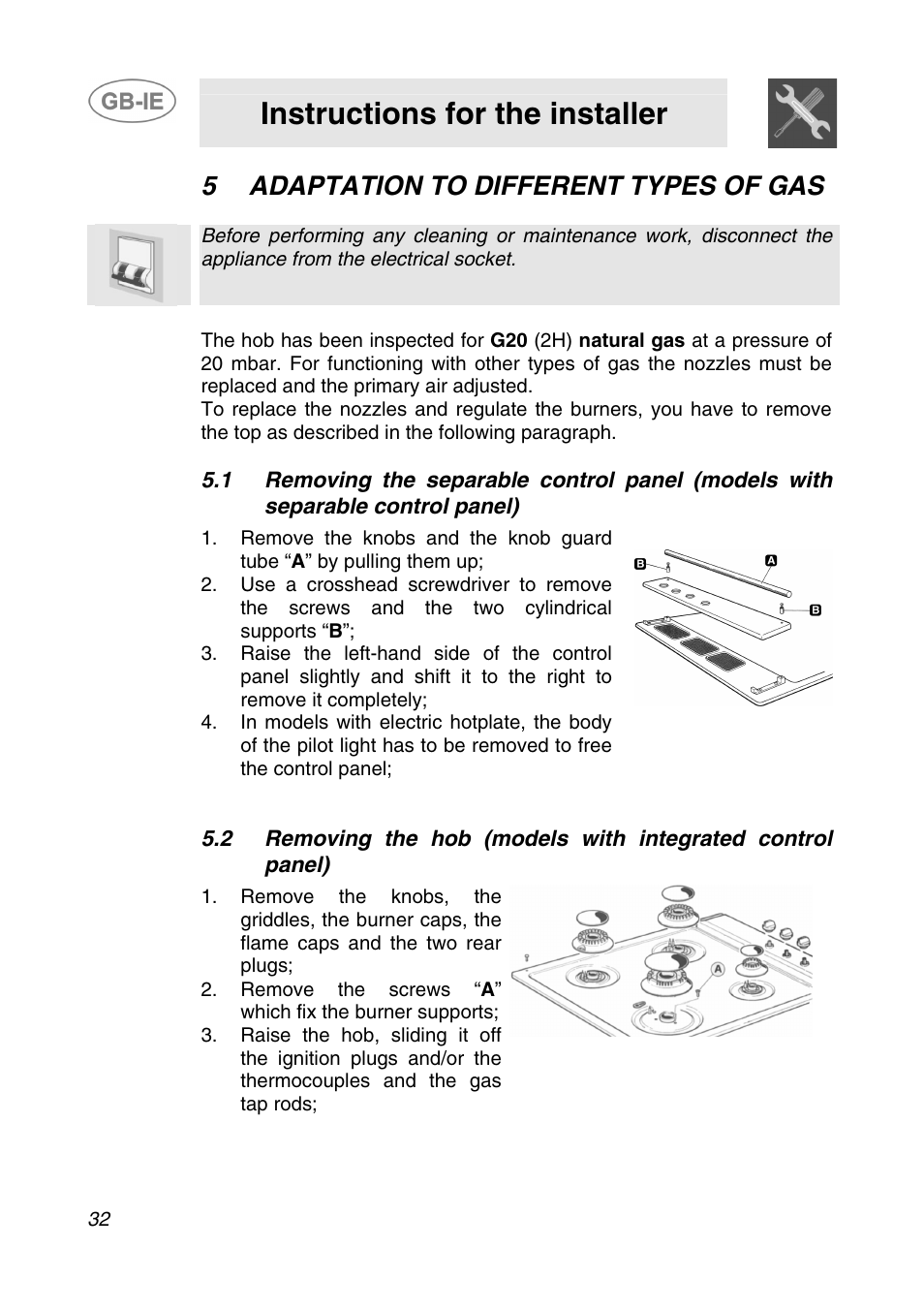 5 adaptation to different types of gas, Adaptation to different types of gas, Instructions for the installer | Smeg AP64S3 User Manual | Page 9 / 20